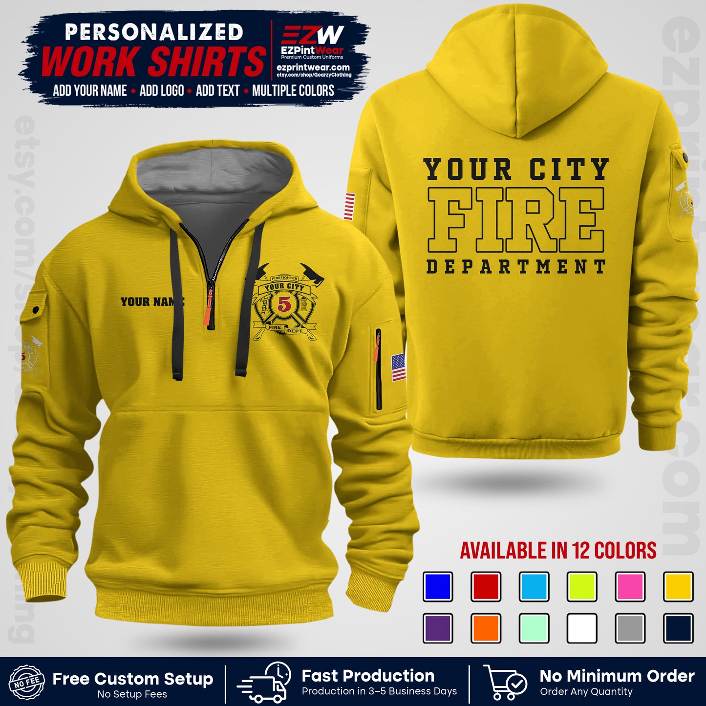 Custom Fire Department Shirt with Name, City Logo & Text | Firefighter Uniform | Button Up Work Shirt FF07