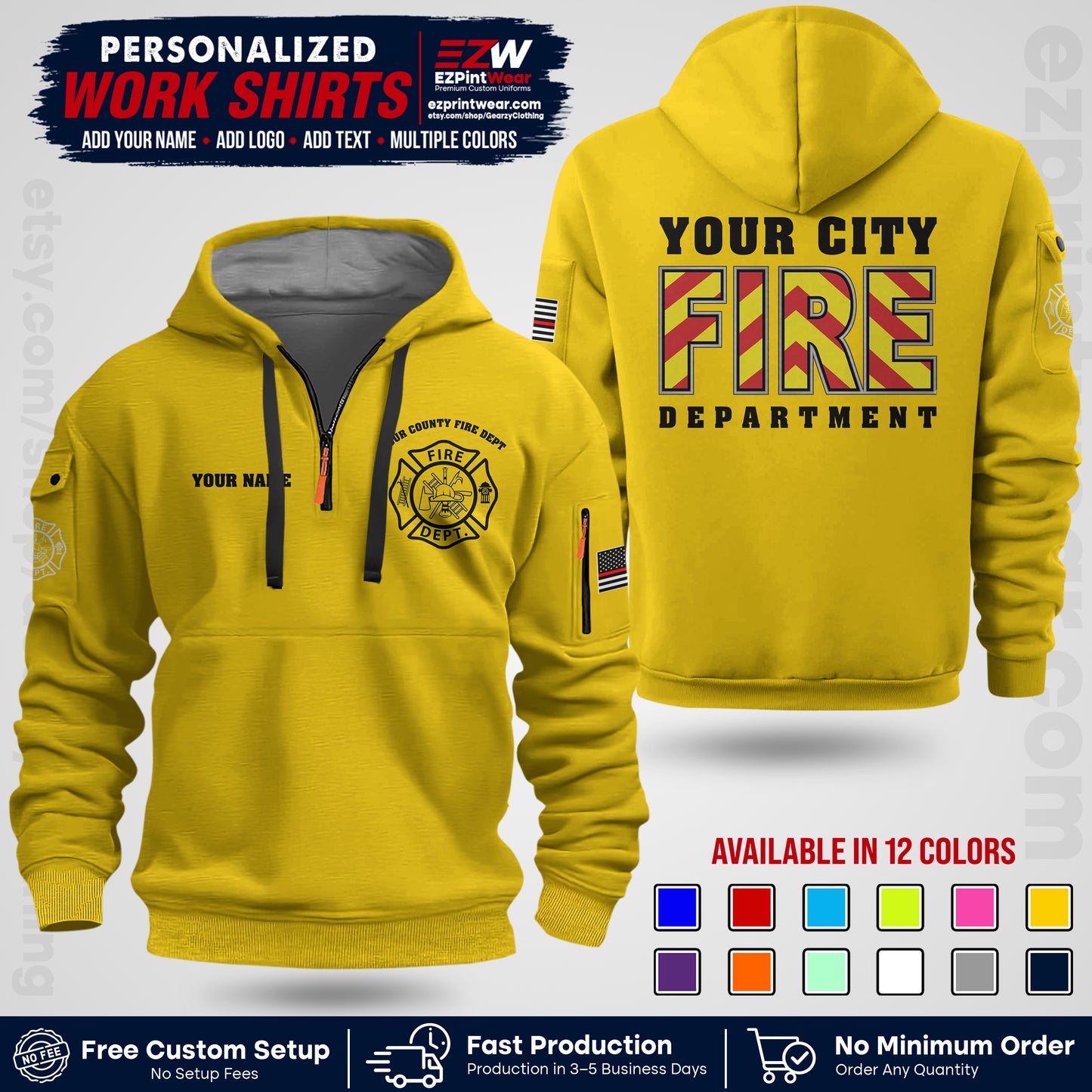 Custom Fire Department Shirt with Name, City Logo & Text | Firefighter Uniform | Button Up Work Shirt FF05