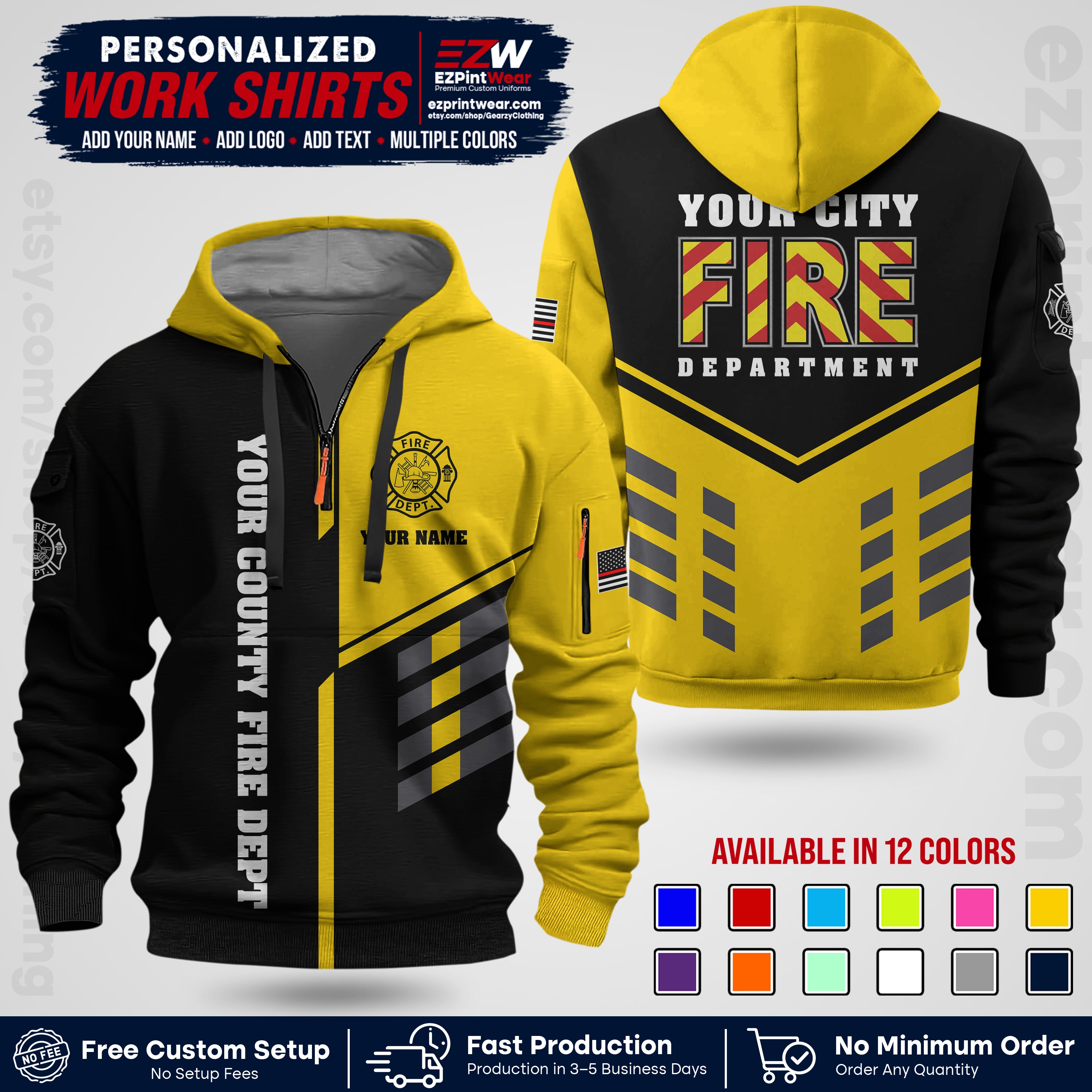 Custom Fire Department Shirt with Name, City Logo & Text | Firefighter Uniform | Button Up Work Shirt FF06