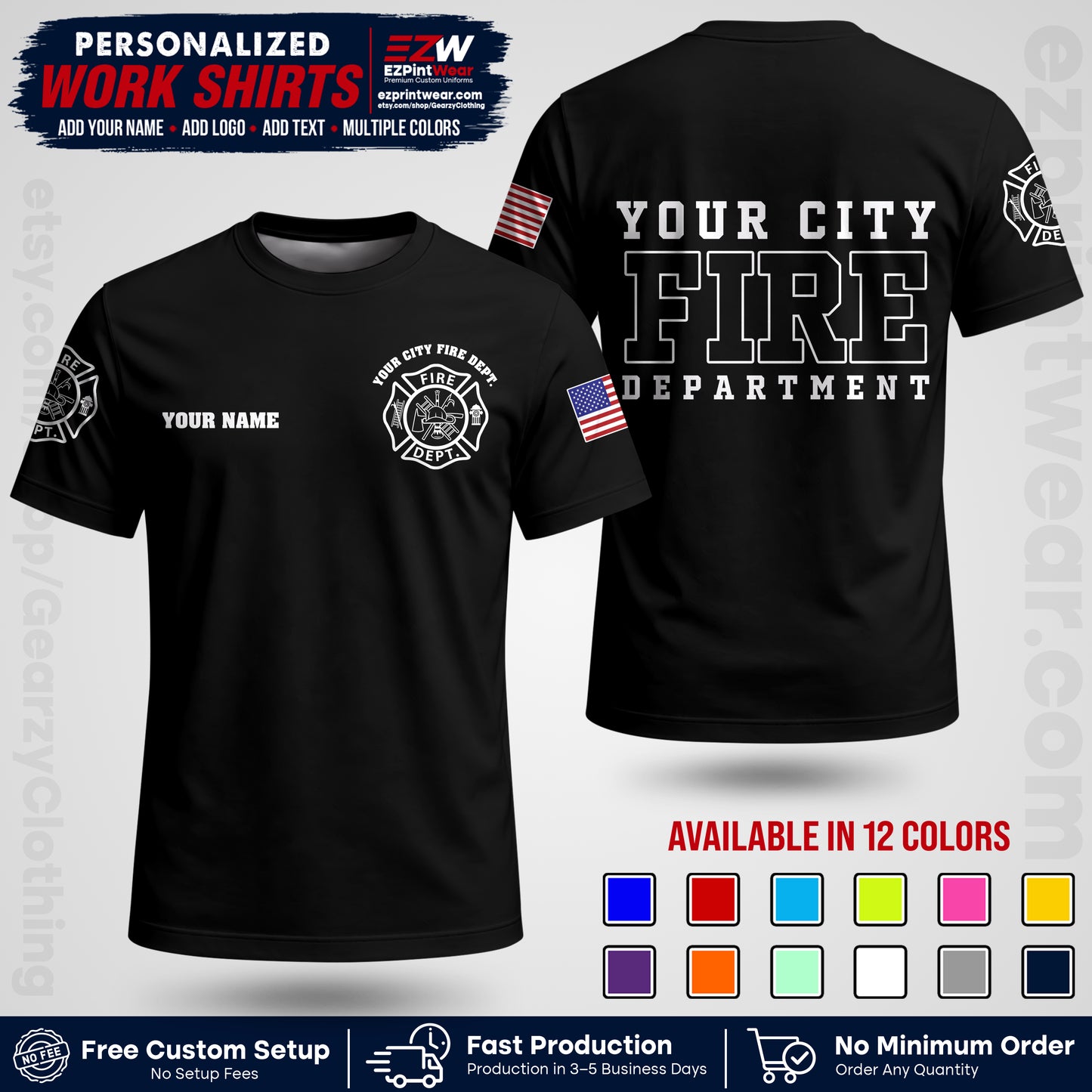 Custom Fire Department Shirt with Name, City Logo & Text | Firefighter Uniform | Button Up Work Shirt FF01