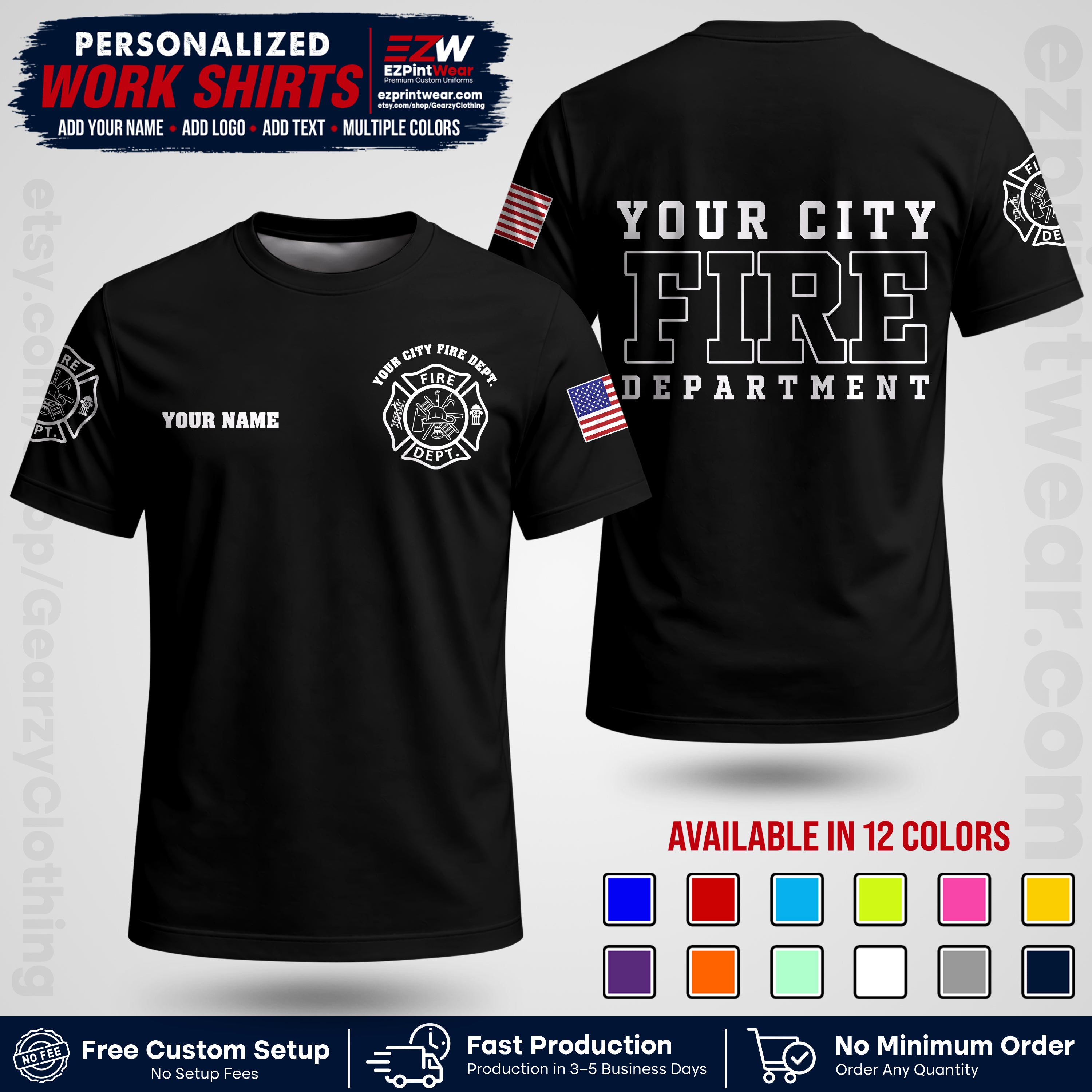 Custom Fire Department Shirt with Name, City Logo & Text | Firefighter Uniform | Button Up Work Shirt FF01