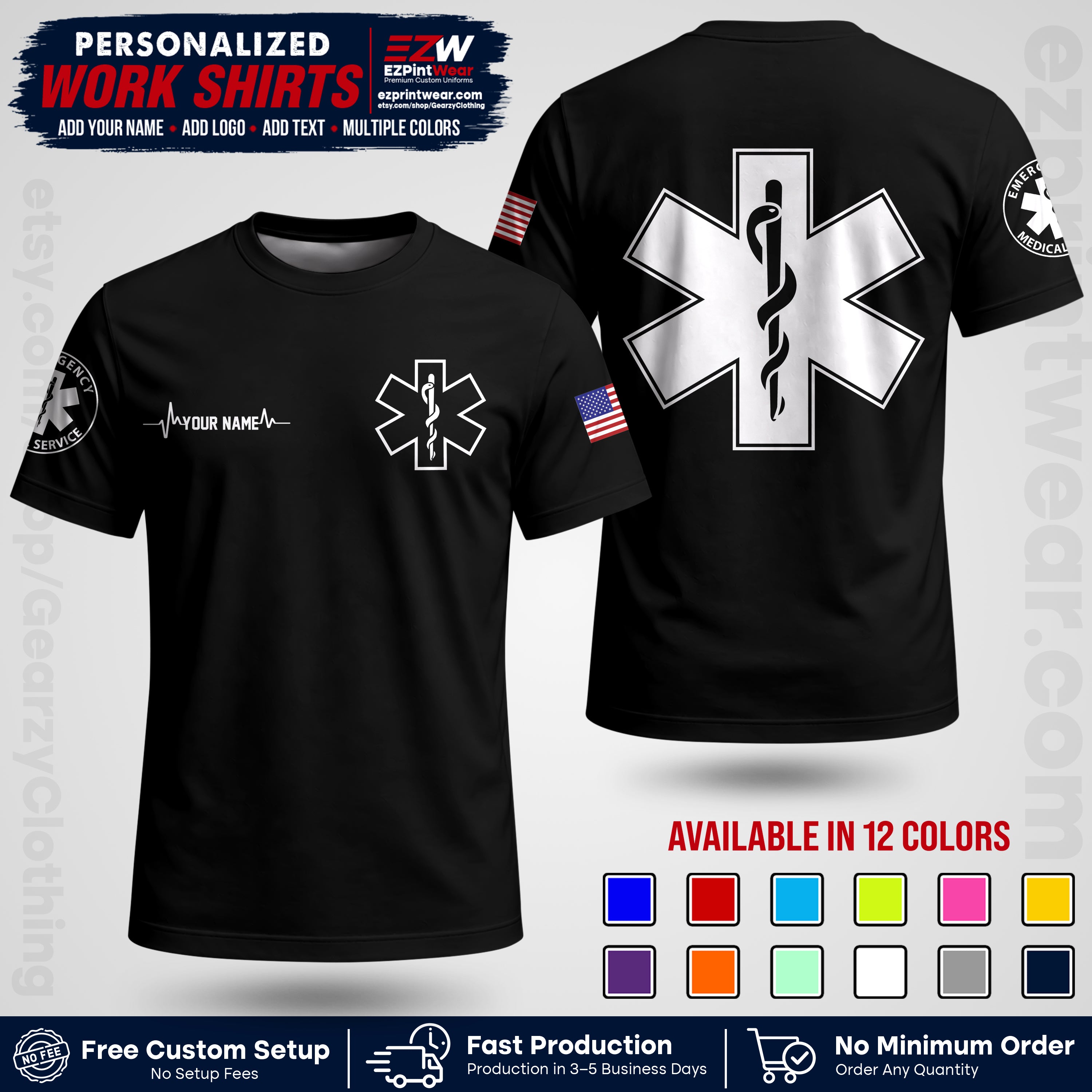 Custom EMS Shirt with Name, Logo & Text | EMS Team Uniform | First Responder Workwear EMSU04