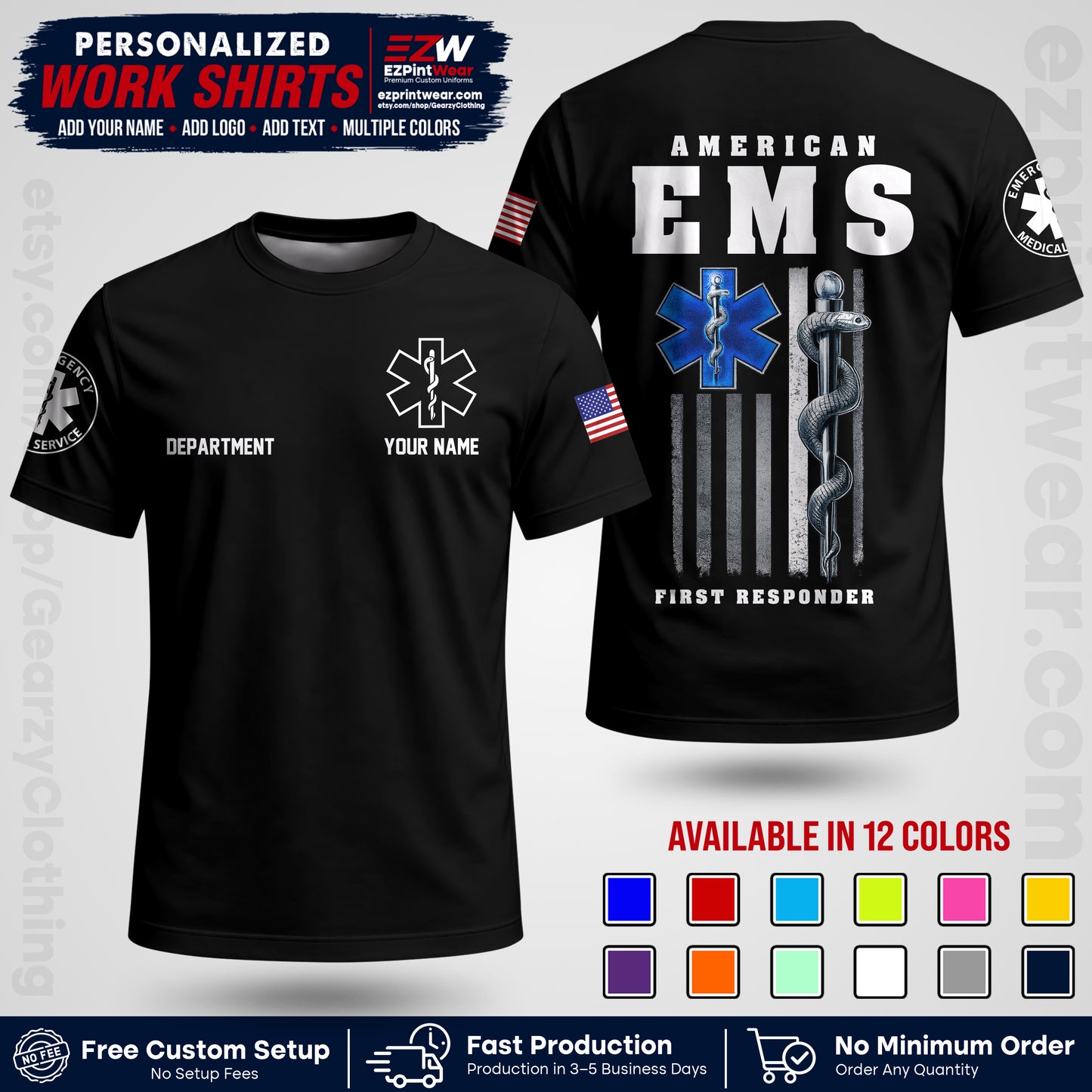 Custom EMS Shirt with Name, Logo & Text | EMS Team Uniform | First Responder Workwear EMSU03