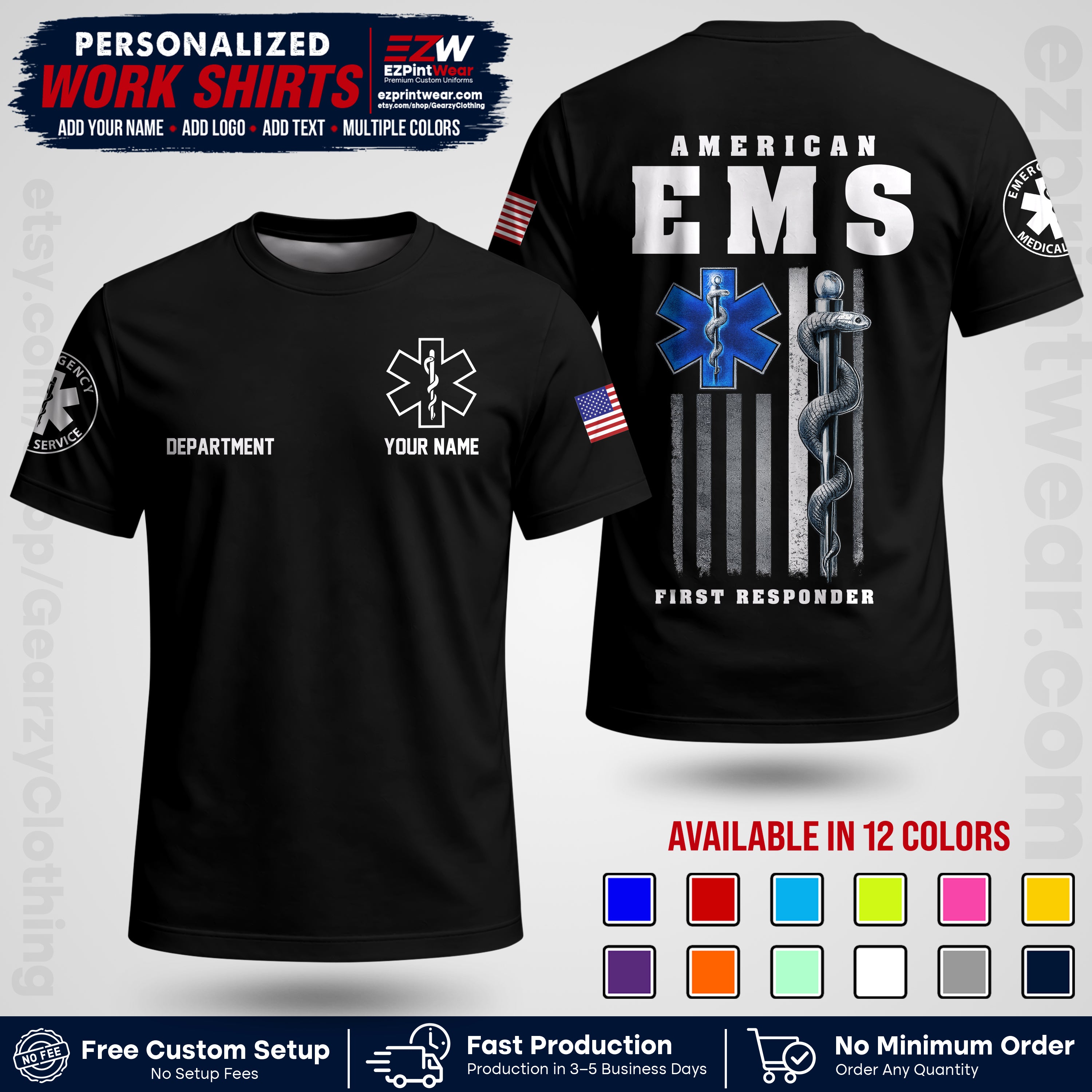 Custom EMS Shirt with Name, Logo & Text | EMS Team Uniform | First Responder Workwear EMSU03