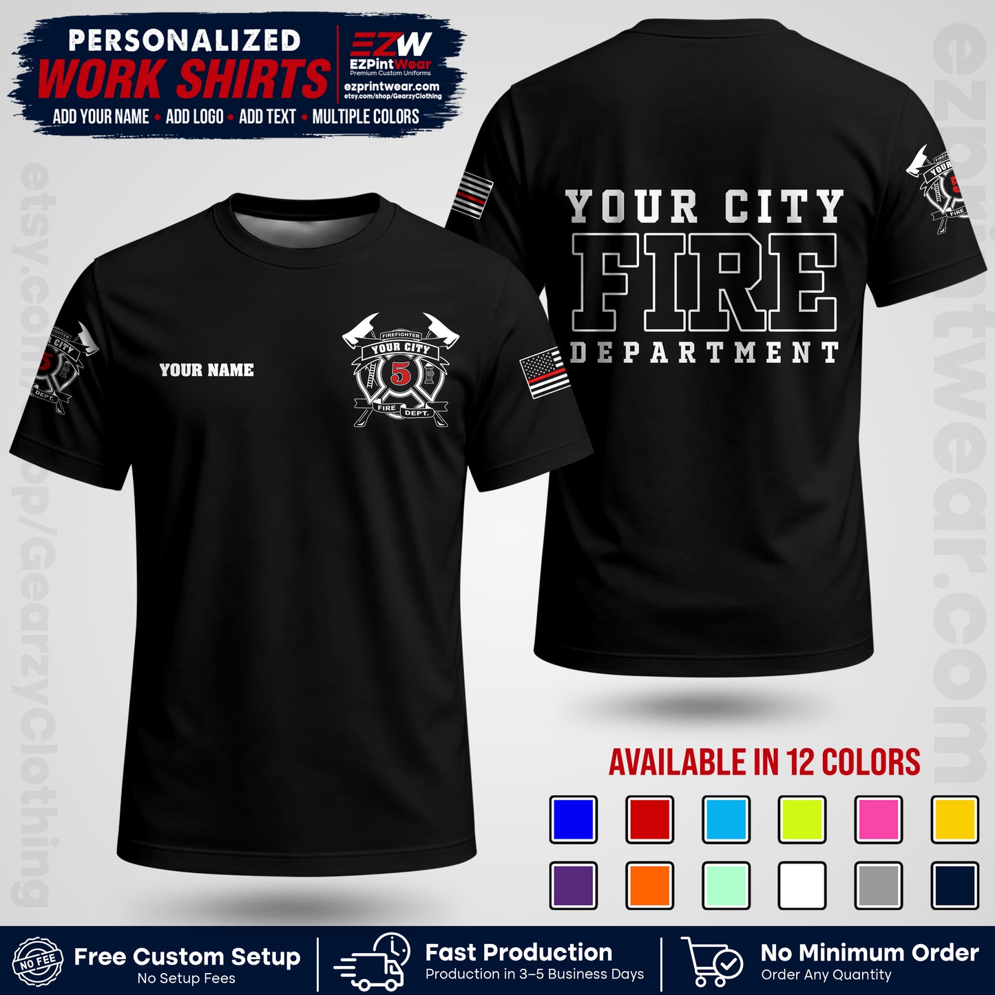 Custom Fire Department Shirt with Name, City Logo & Text | Firefighter Uniform | Button Up Work Shirt FF07