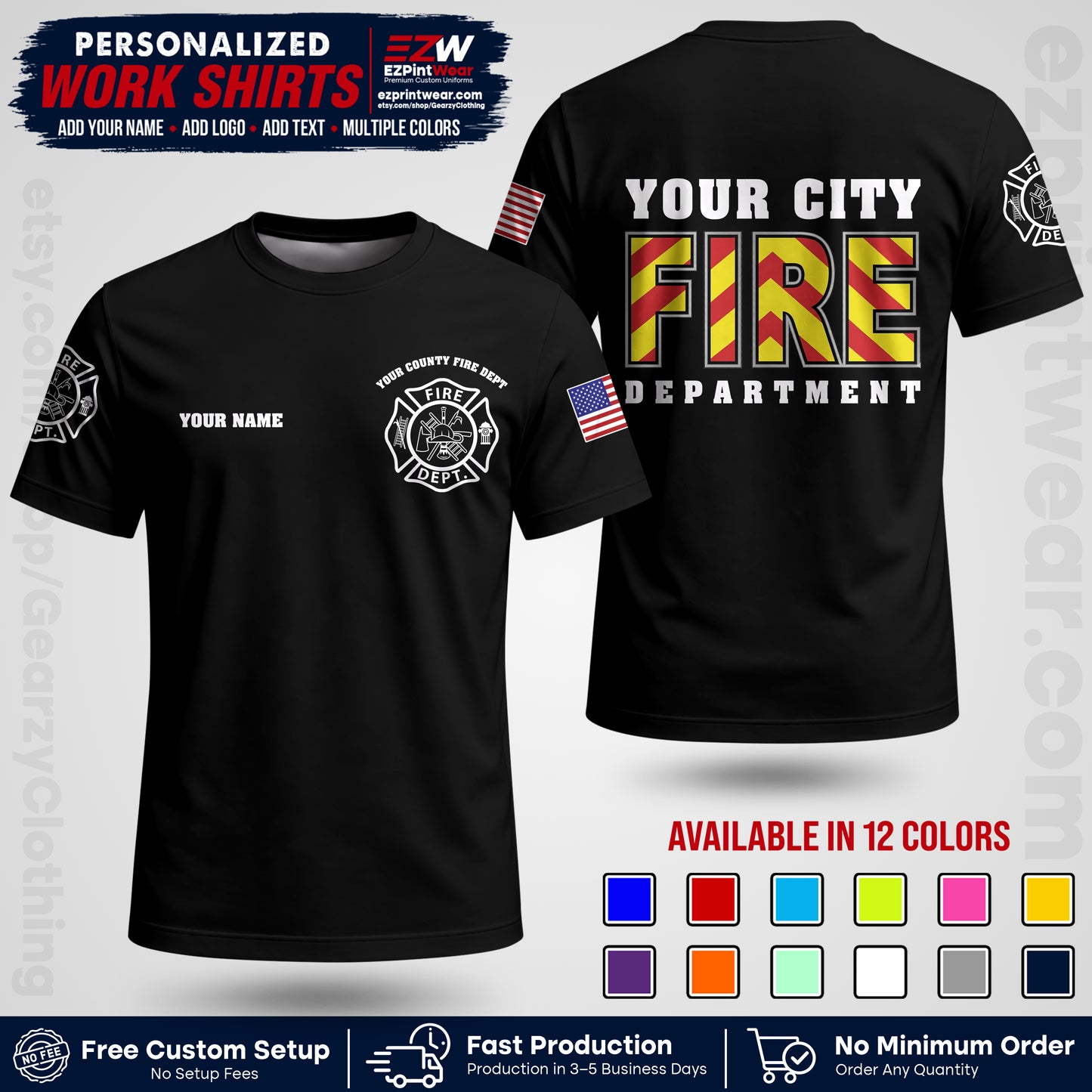 Custom Fire Department Shirt with Name, City Logo & Text | Firefighter Uniform | Button Up Work Shirt FF05