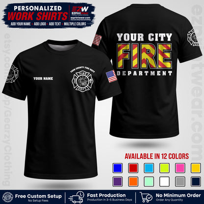 Custom Fire Department Shirt with Name, City Logo & Text | Firefighter Uniform | Button Up Work Shirt FF05