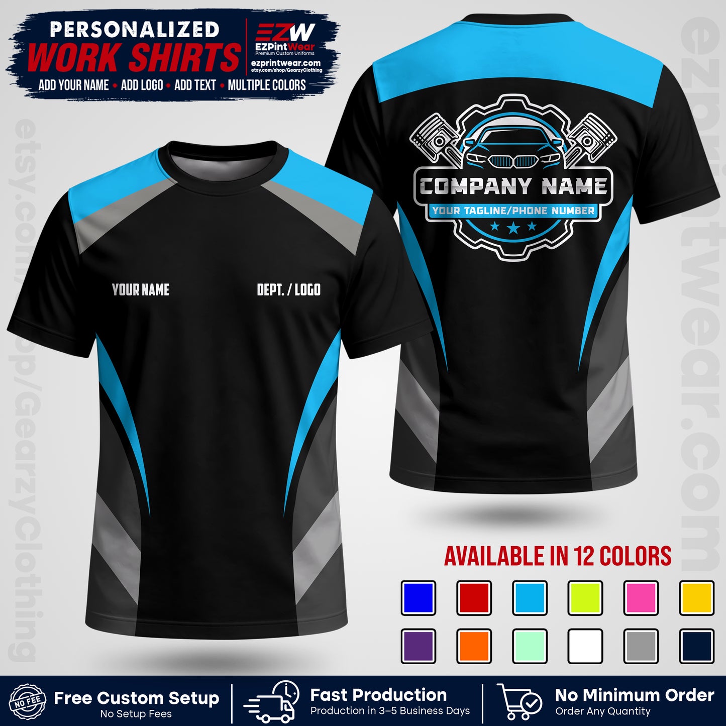 Custom Mechanic Work Shirt with Name, Logo & Text | Auto Shop Uniform | Workwear MCN 05