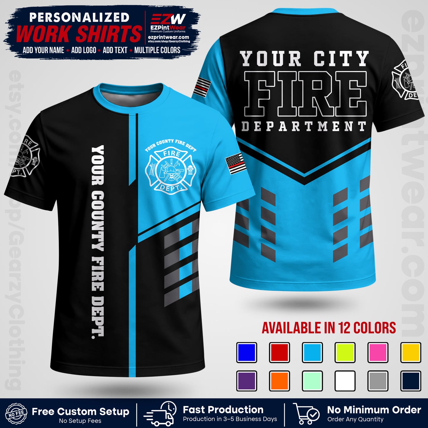 Custom Fire Department Shirt with Name, City Logo & Text | Firefighter Uniform | Button Up Work Shirt FF03