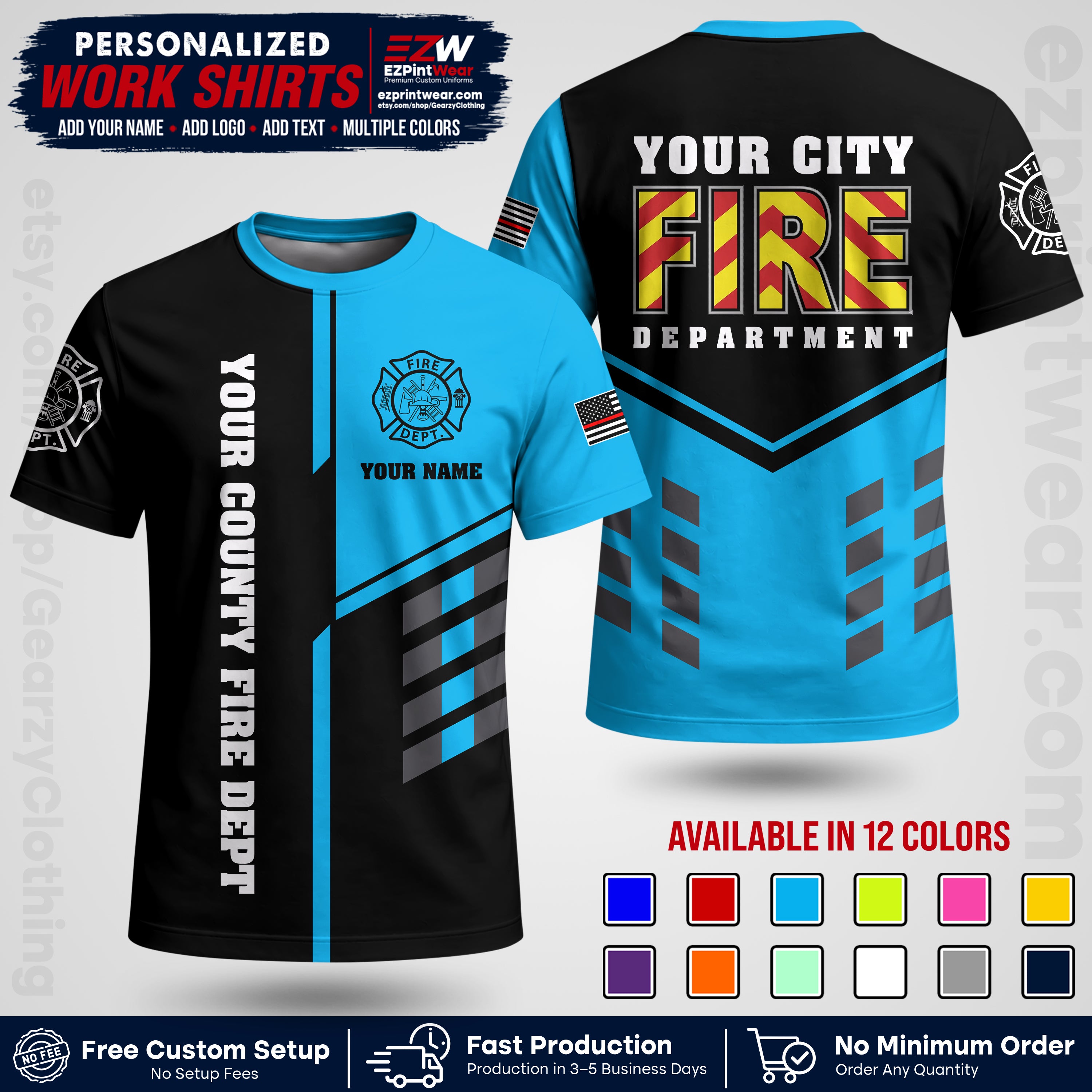 Custom Fire Department Shirt with Name, City Logo & Text | Firefighter Uniform | Button Up Work Shirt FF06