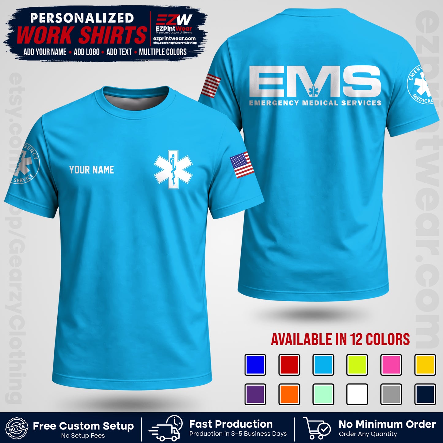 Custom EMS Shirt with Name, Logo & Text | EMS Team Uniform | First Responder Workwear EMSU01