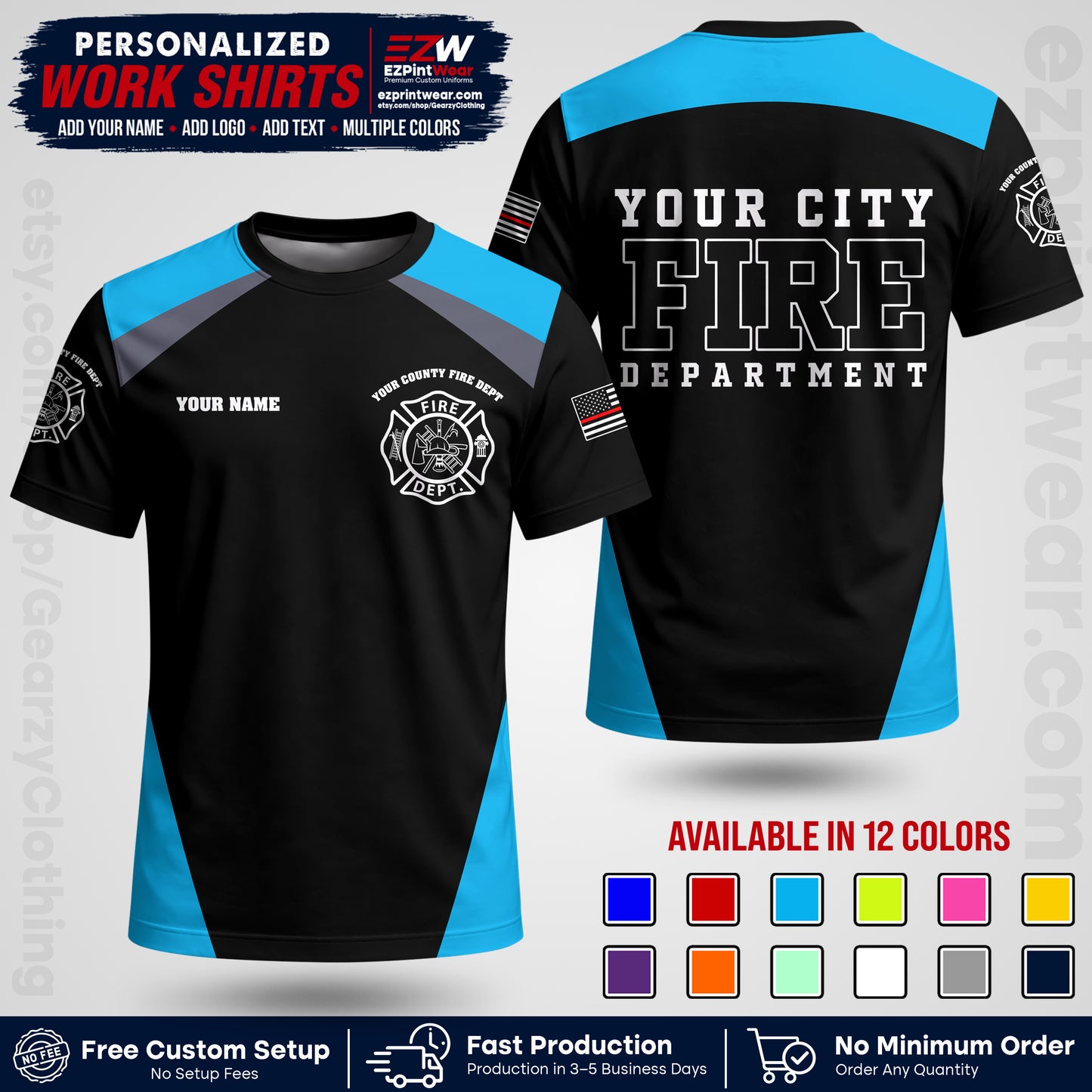 Custom Fire Department Shirt with Name, City Logo & Text | Firefighter Uniform | Button Up Work Shirt FF04