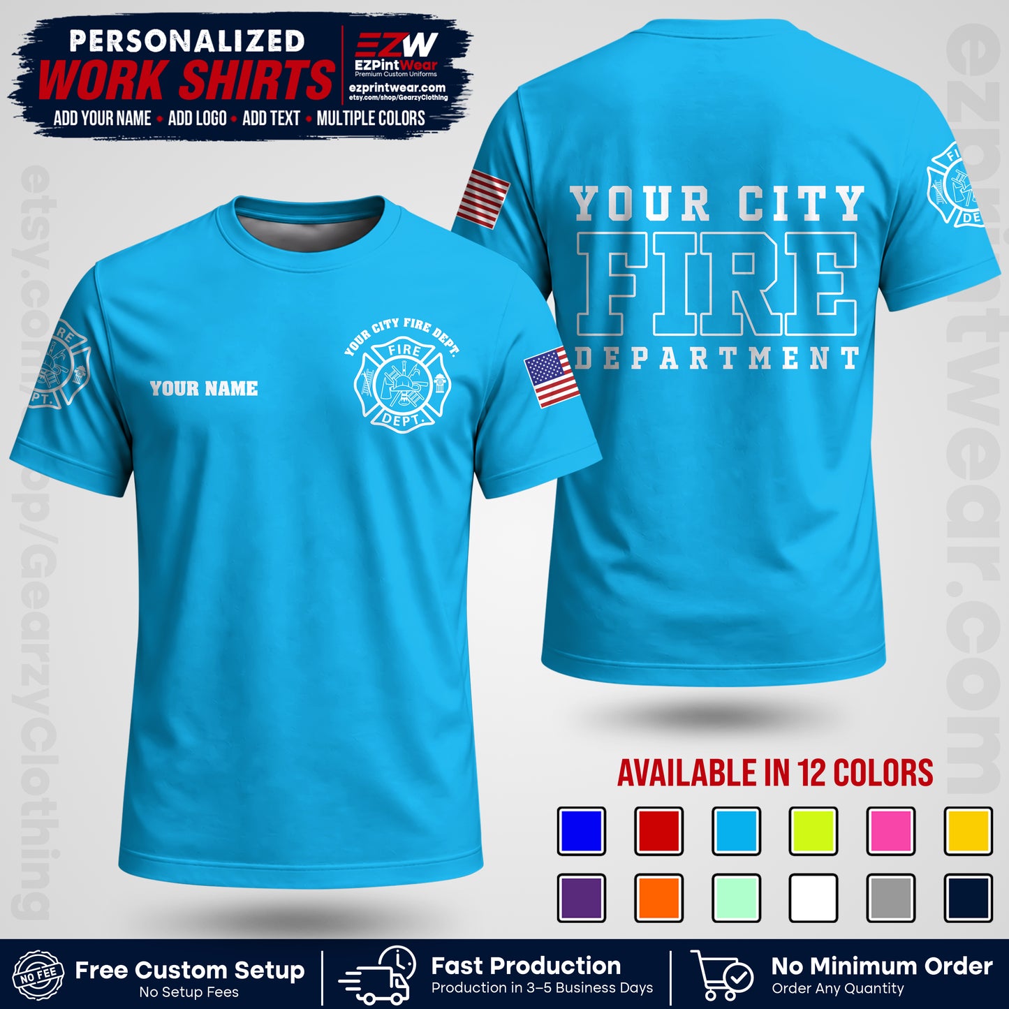 Custom Fire Department Shirt with Name, City Logo & Text | Firefighter Uniform | Button Up Work Shirt FF01