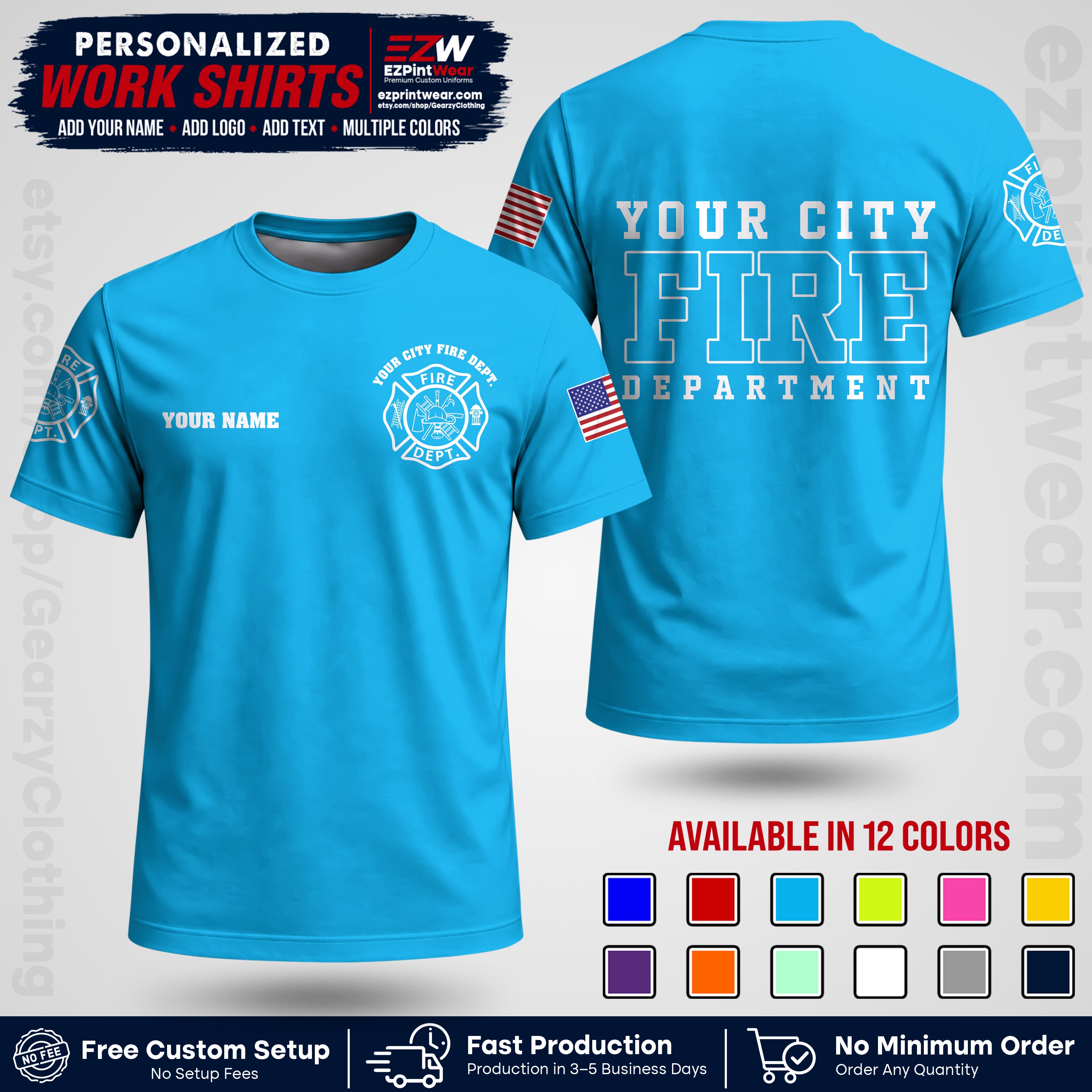 Custom Fire Department Shirt with Name, City Logo & Text | Firefighter Uniform | Button Up Work Shirt FF01