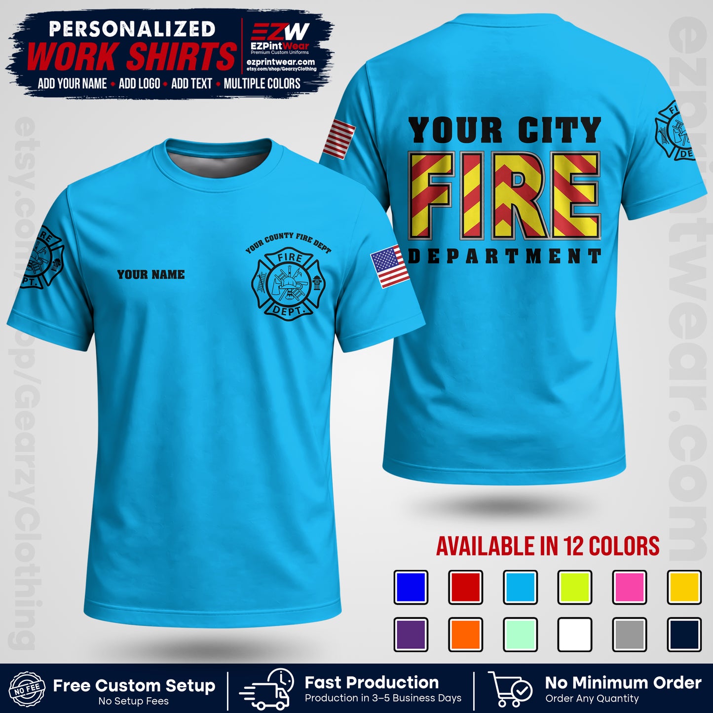 Custom Fire Department Shirt with Name, City Logo & Text | Firefighter Uniform | Button Up Work Shirt FF05