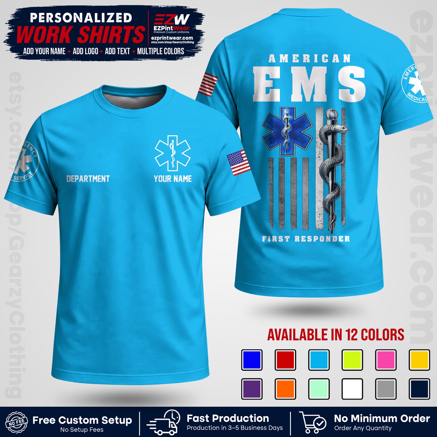 Custom EMS Shirt with Name, Logo & Text | EMS Team Uniform | First Responder Workwear EMSU03
