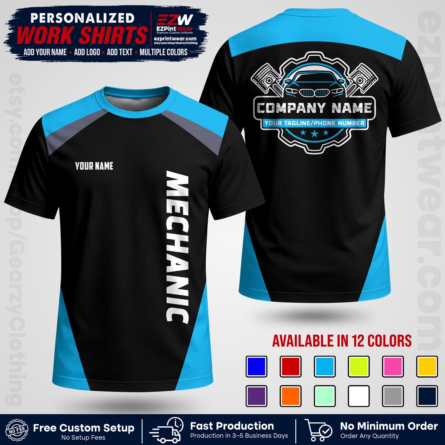 Custom Mechanic Work Shirt with Name, Logo & Text | Auto Shop Uniform | Workwear MCN 02