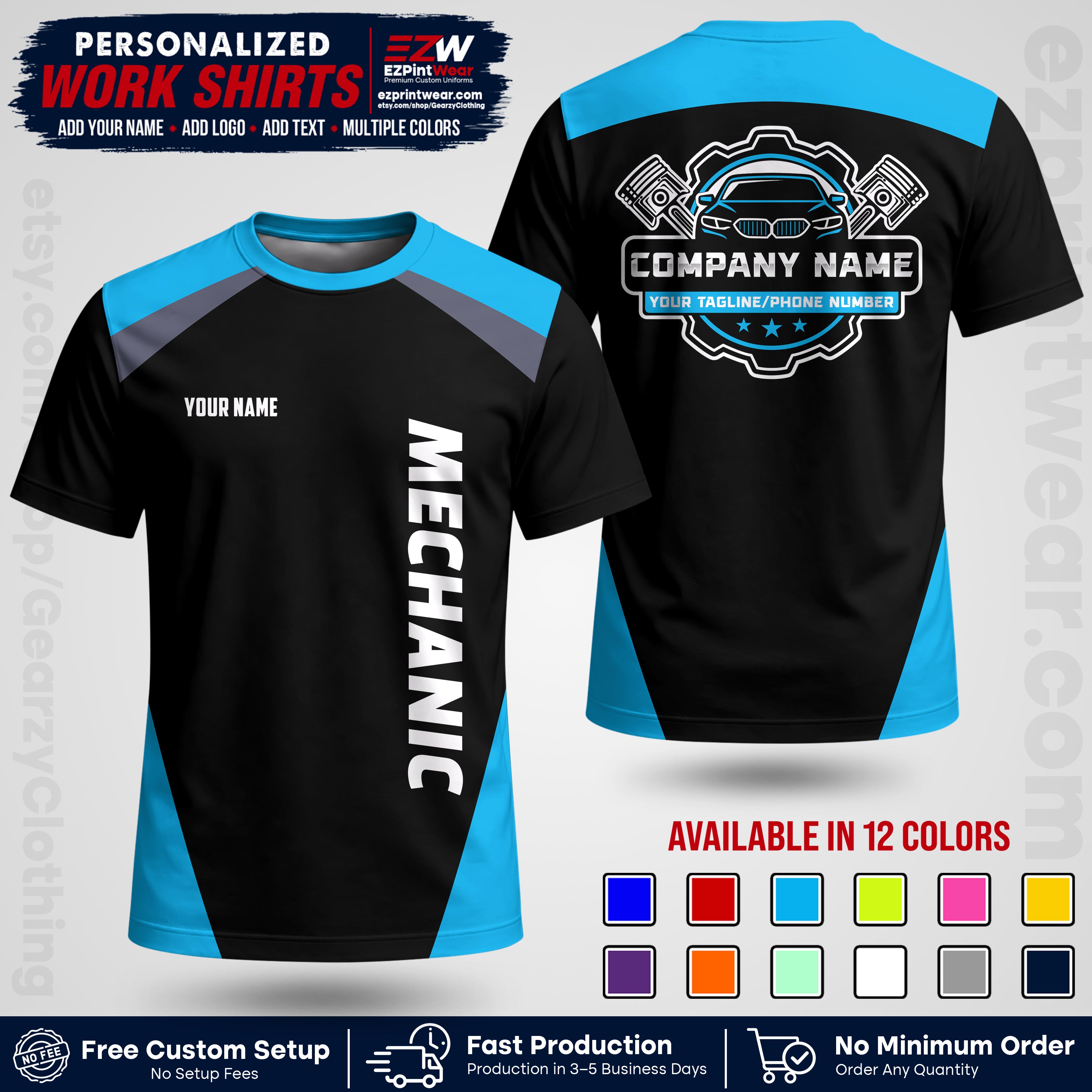 Custom Mechanic Work Shirt with Name, Logo & Text | Auto Shop Uniform | Workwear MCN 02
