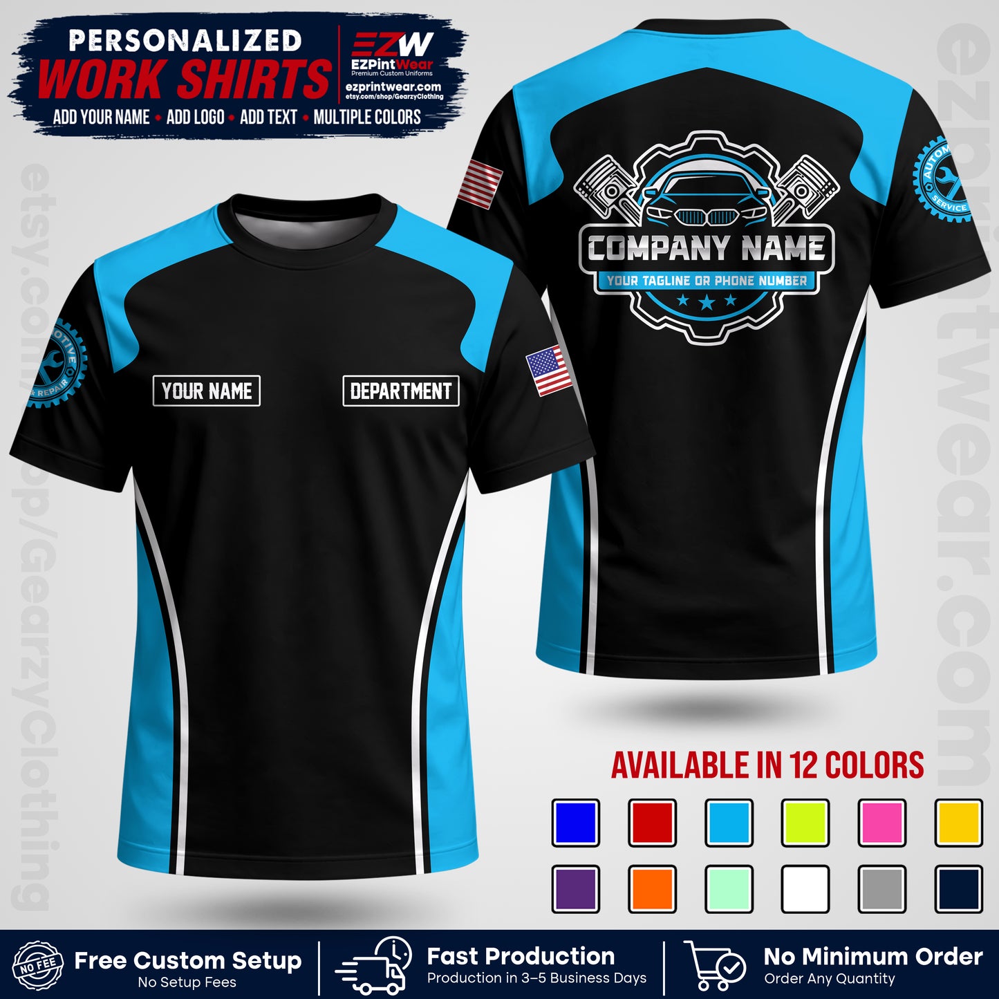 Custom Mechanic Work Shirt with Name, Logo & Text | Auto Shop Uniform | Workwear MCN 10