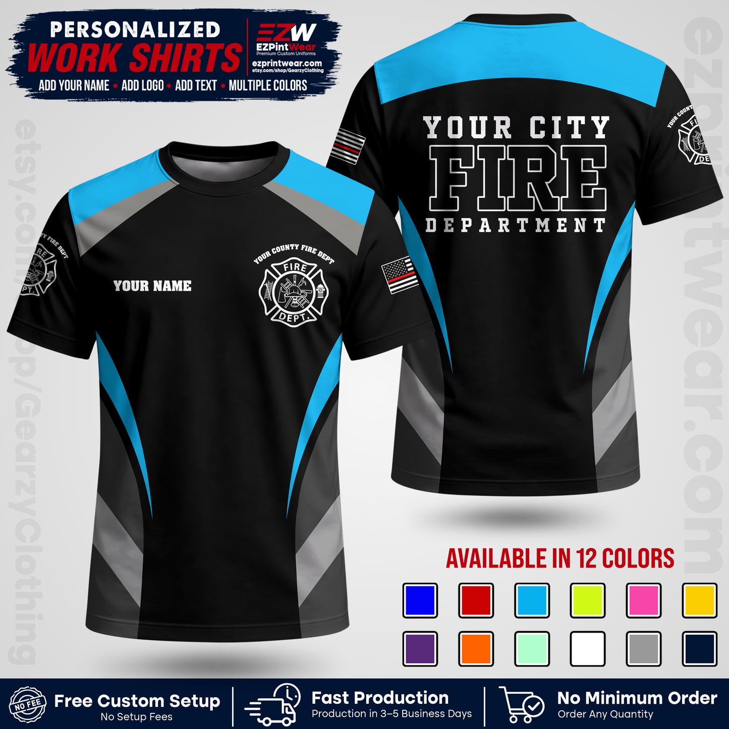 Custom Fire Department Shirt with Name, City Logo & Text | Firefighter Uniform | Button Up Work Shirt FF02