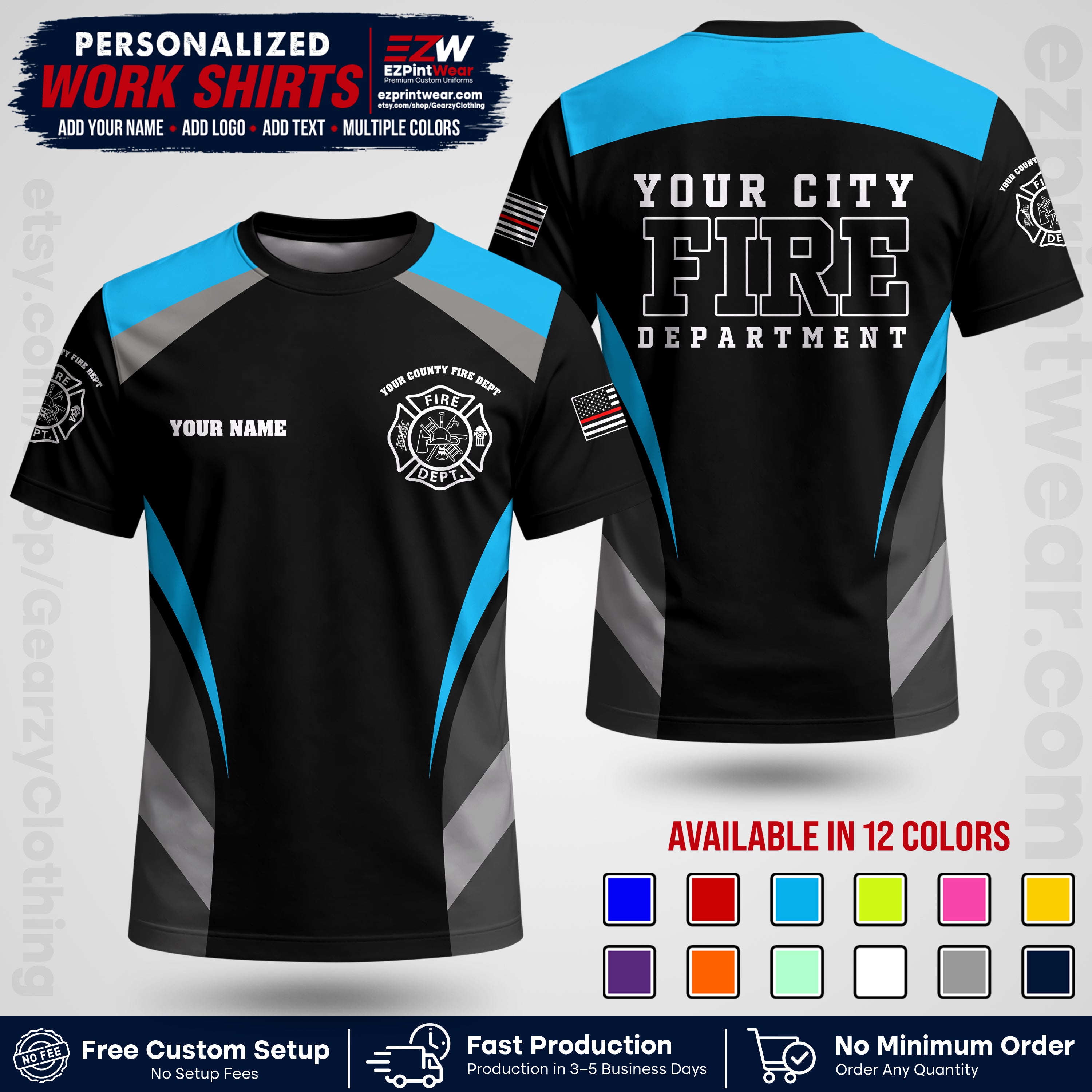 Custom Fire Department Shirt with Name, City Logo & Text | Firefighter Uniform | Button Up Work Shirt FF02