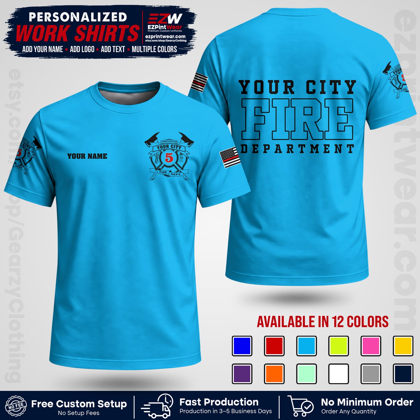 Custom Fire Department Shirt with Name, City Logo & Text | Firefighter Uniform | Button Up Work Shirt FF07