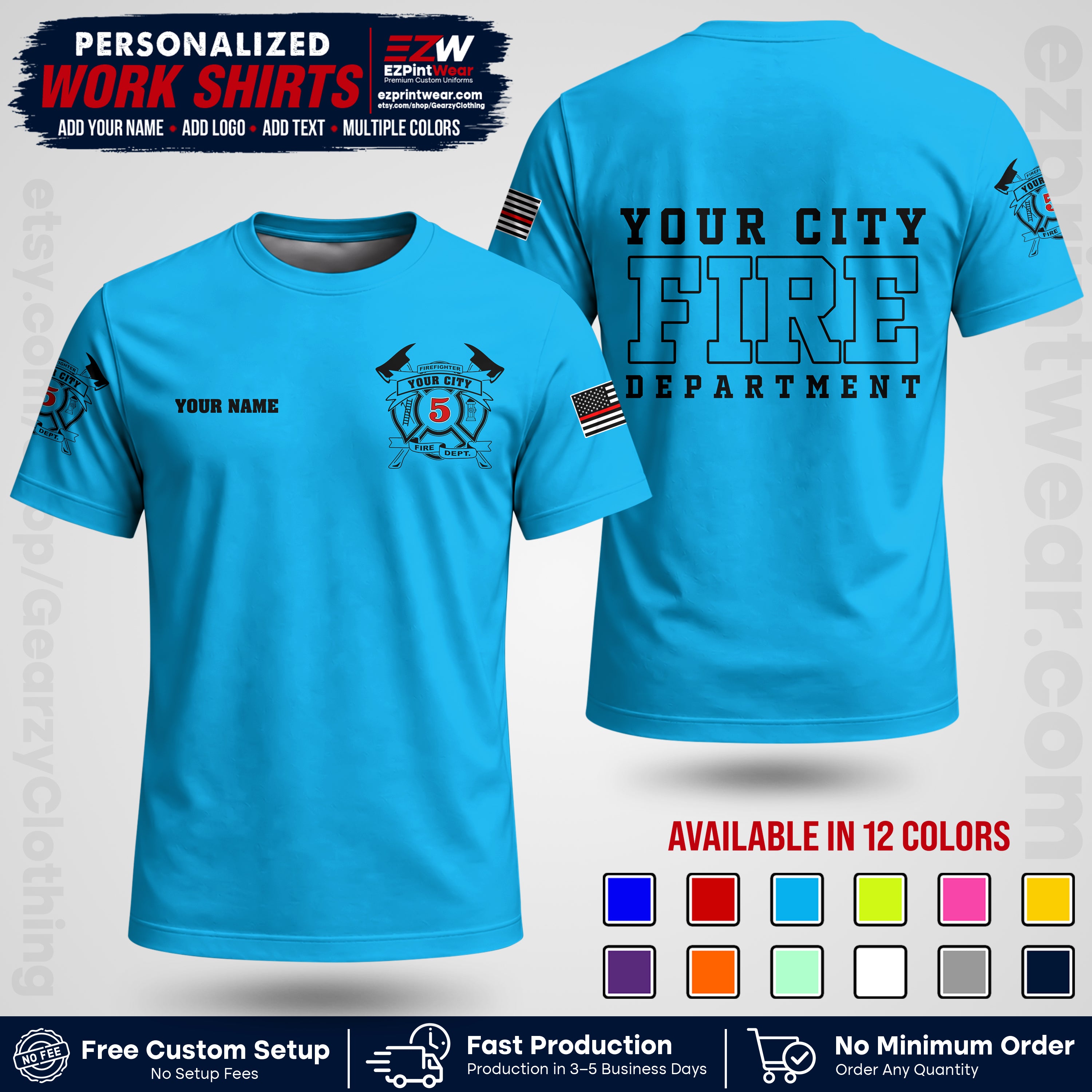 Custom Fire Department Shirt with Name, City Logo & Text | Firefighter Uniform | Button Up Work Shirt FF07