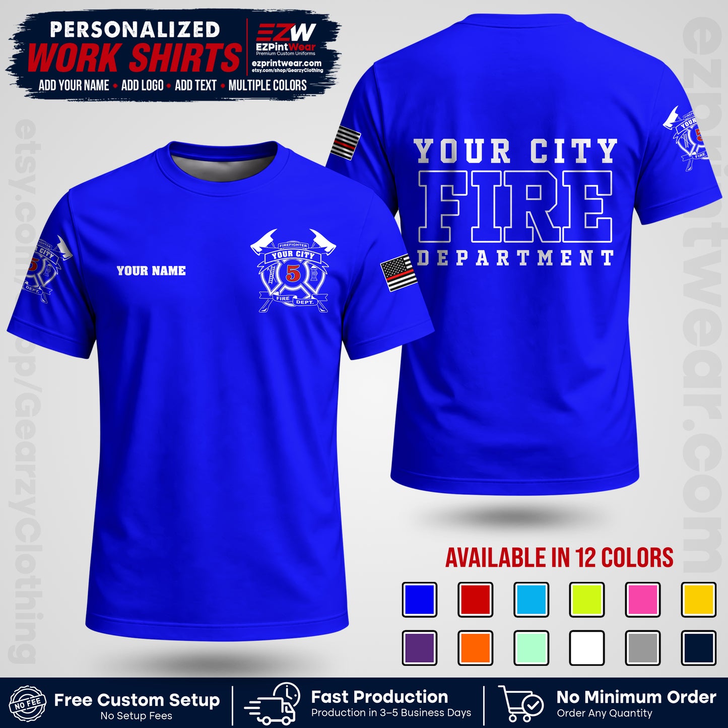 Custom Fire Department Shirt with Name, City Logo & Text | Firefighter Uniform | Button Up Work Shirt FF07