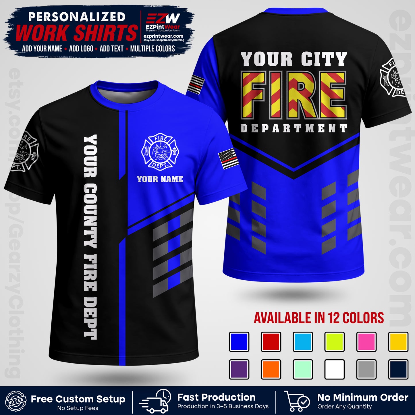 Custom Fire Department Shirt with Name, City Logo & Text | Firefighter Uniform | Button Up Work Shirt FF06
