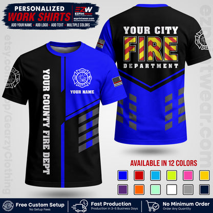 Custom Fire Department Shirt with Name, City Logo & Text | Firefighter Uniform | Button Up Work Shirt FF06