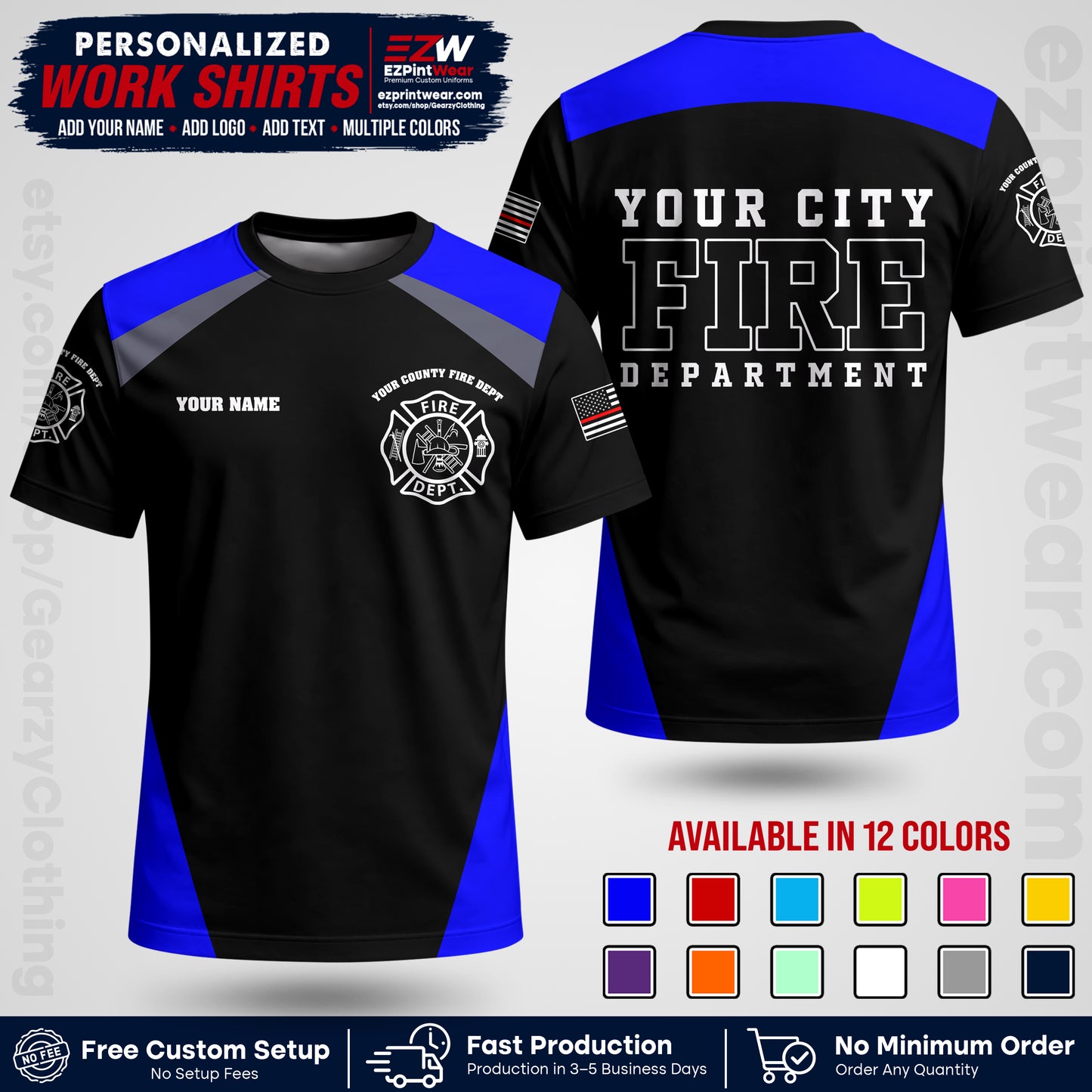 Custom Fire Department Shirt with Name, City Logo & Text | Firefighter Uniform | Button Up Work Shirt FF04