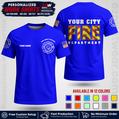 Custom Fire Department Shirt with Name, City Logo & Text | Firefighter Uniform | Button Up Work Shirt FF05