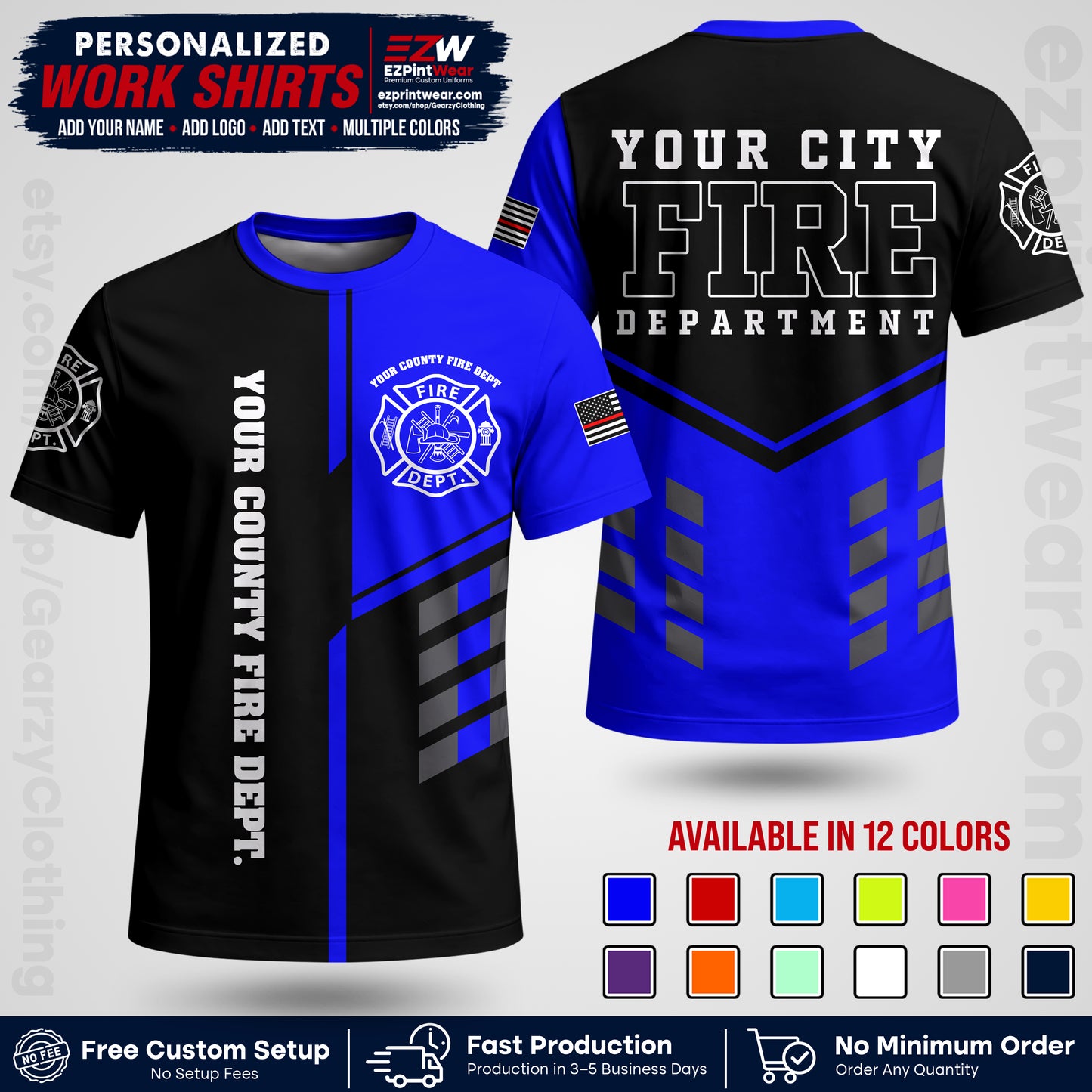 Custom Fire Department Shirt with Name, City Logo & Text | Firefighter Uniform | Button Up Work Shirt FF03