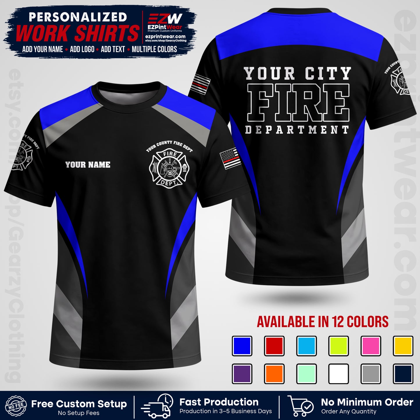 Custom Fire Department Shirt with Name, City Logo & Text | Firefighter Uniform | Button Up Work Shirt FF02