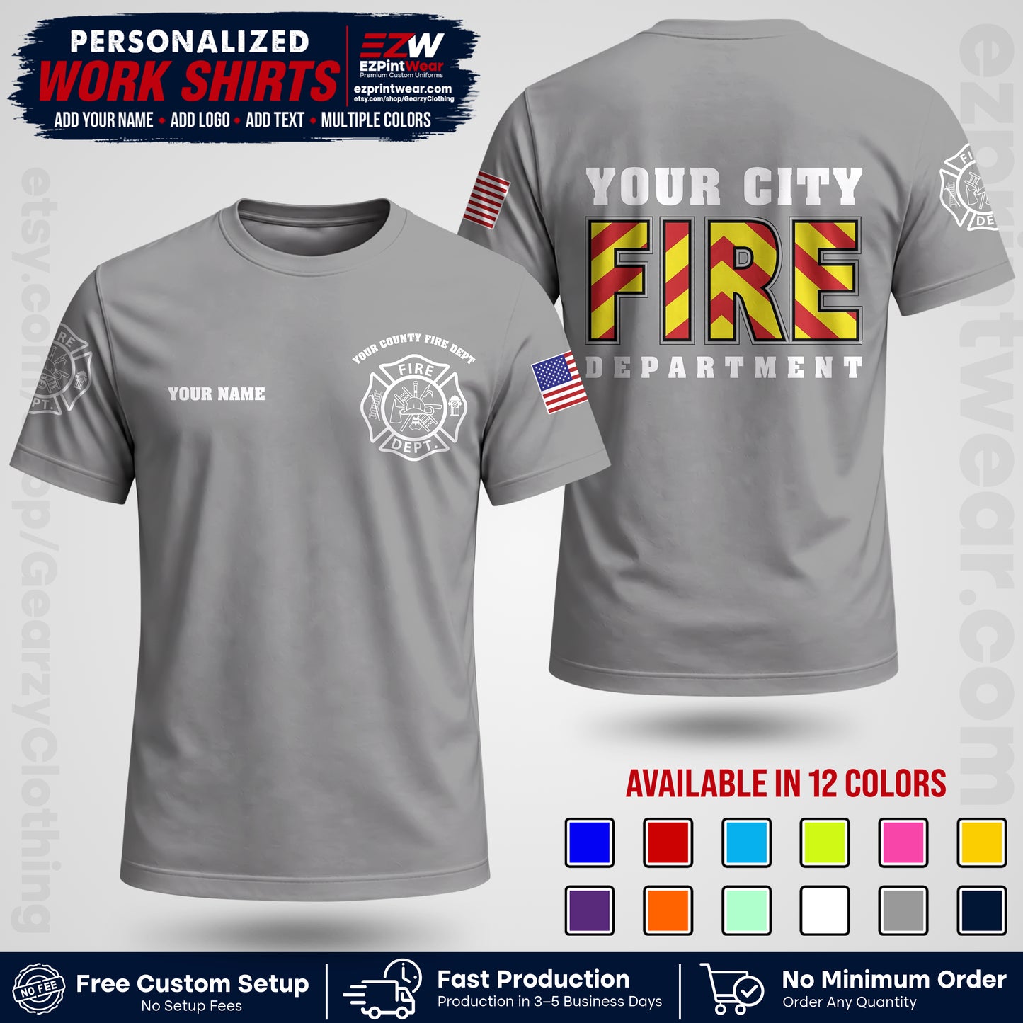 Custom Fire Department Shirt with Name, City Logo & Text | Firefighter Uniform | Button Up Work Shirt FF05