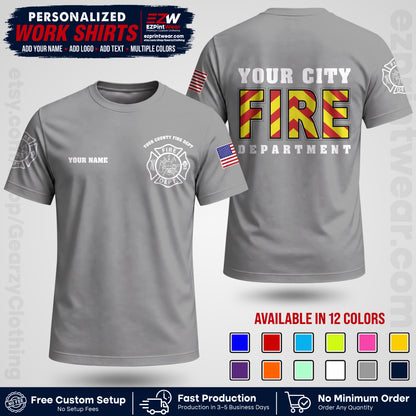 Custom Fire Department Shirt with Name, City Logo & Text | Firefighter Uniform | Button Up Work Shirt FF05