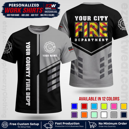 Custom Fire Department Shirt with Name, City Logo & Text | Firefighter Uniform | Button Up Work Shirt FF06