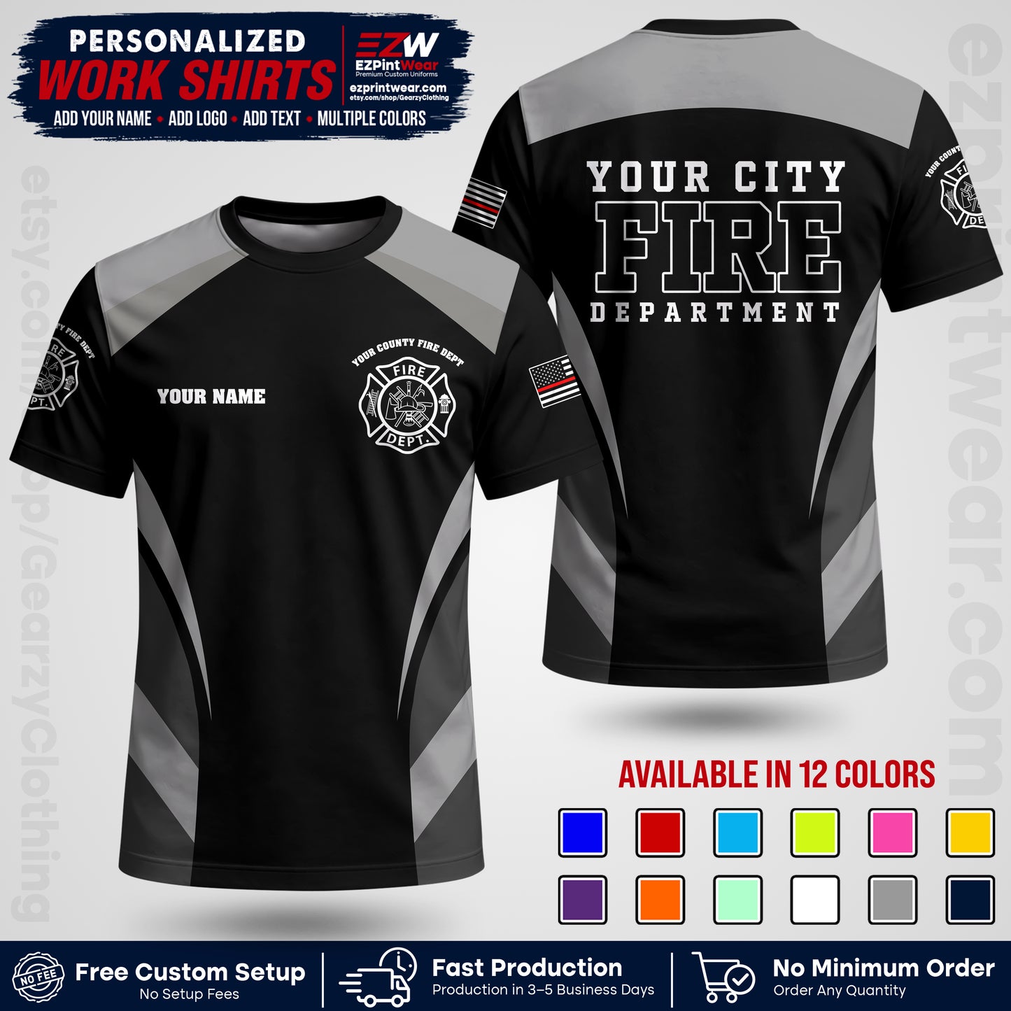 Custom Fire Department Shirt with Name, City Logo & Text | Firefighter Uniform | Button Up Work Shirt FF02