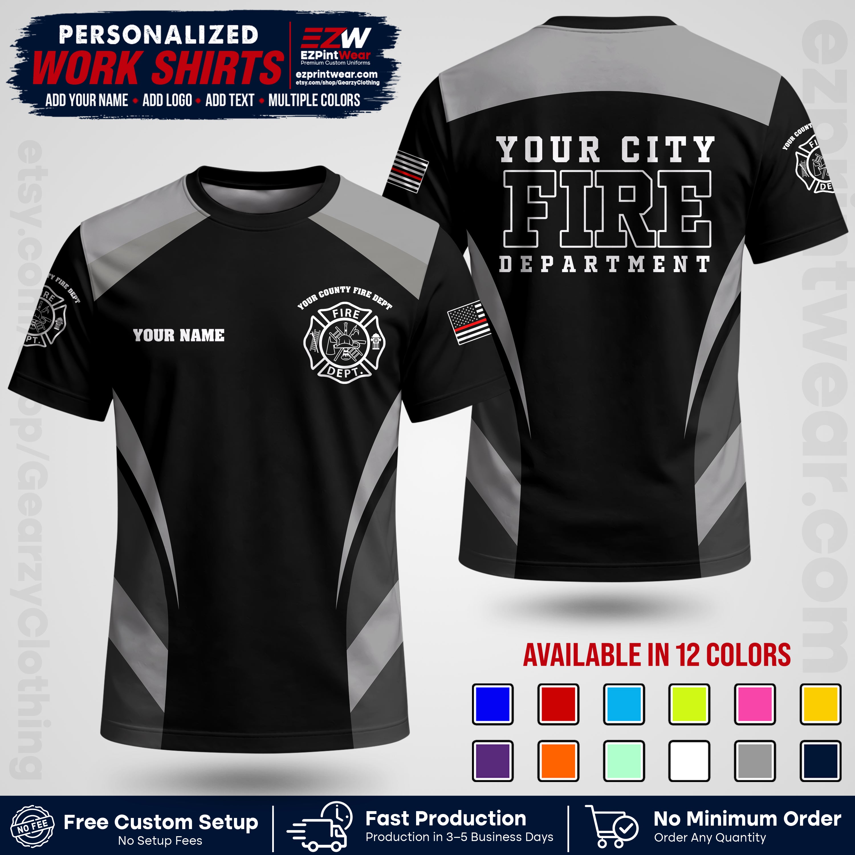 Custom Fire Department Shirt with Name, City Logo & Text | Firefighter Uniform | Button Up Work Shirt FF02