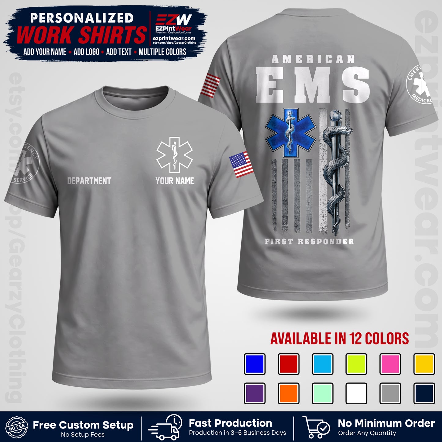 Custom EMS Shirt with Name, Logo & Text | EMS Team Uniform | First Responder Workwear EMSU03