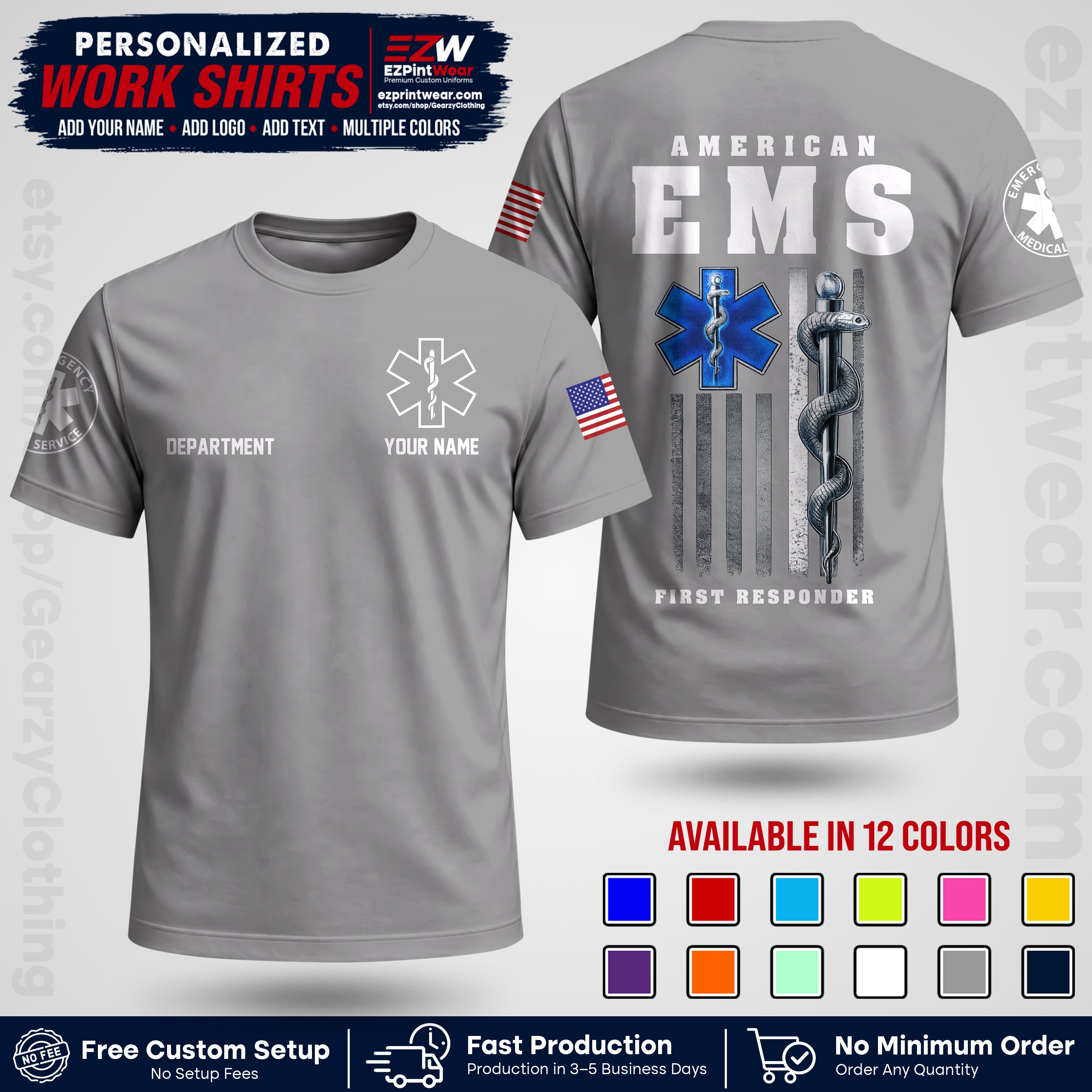 Custom EMS Shirt with Name, Logo & Text | EMS Team Uniform | First Responder Workwear EMSU03