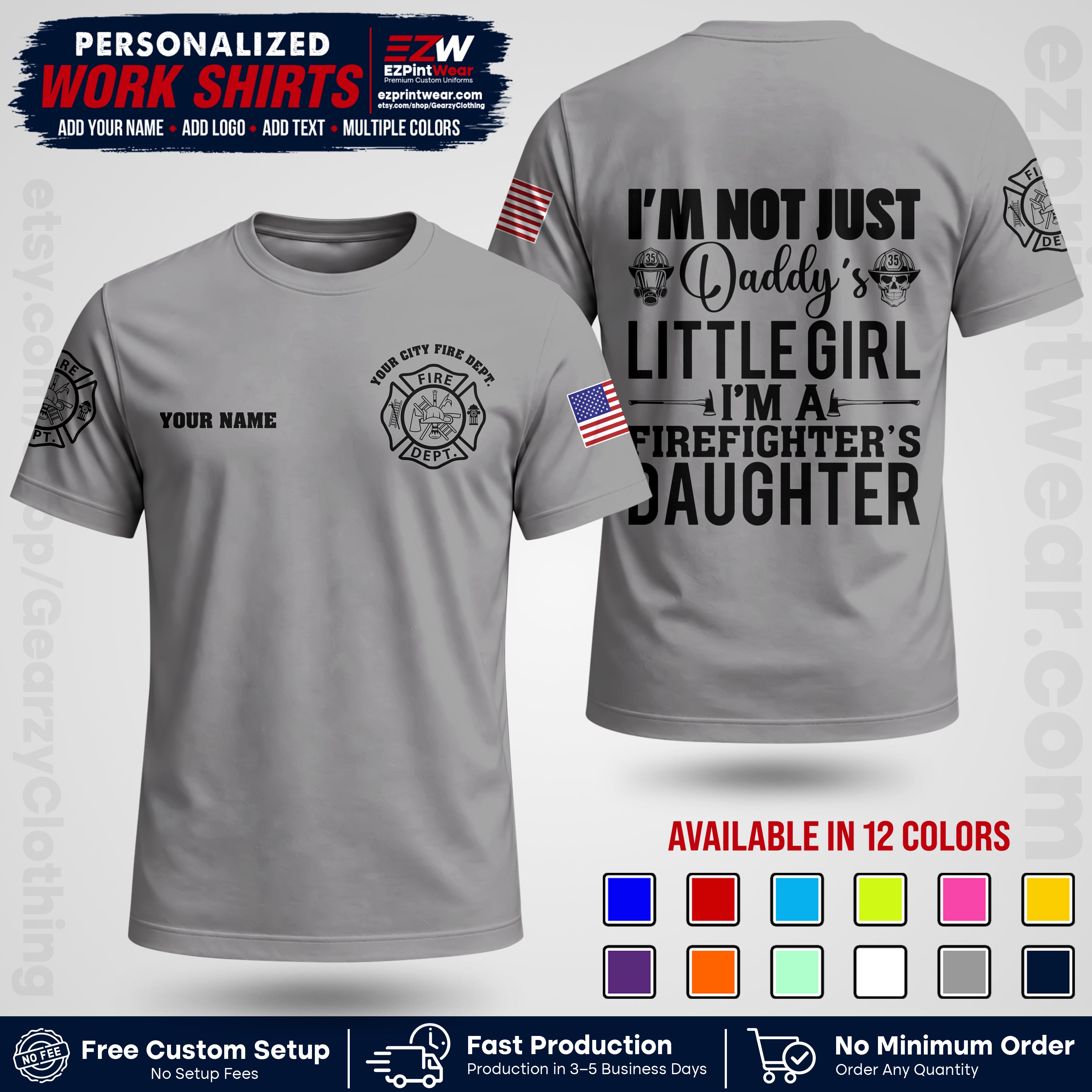 Custom Fire Department Shirt with Name, City Logo & Text | Firefighter Uniform | Button Up Work Shirt FF08