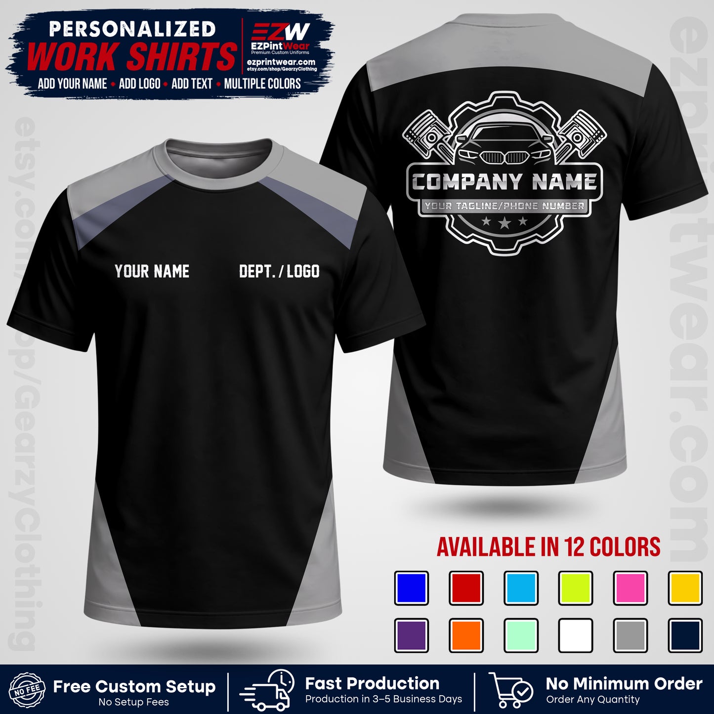 Custom Mechanic Work Shirt with Name, Logo & Text | Auto Shop Uniform | Workwear MCN 03