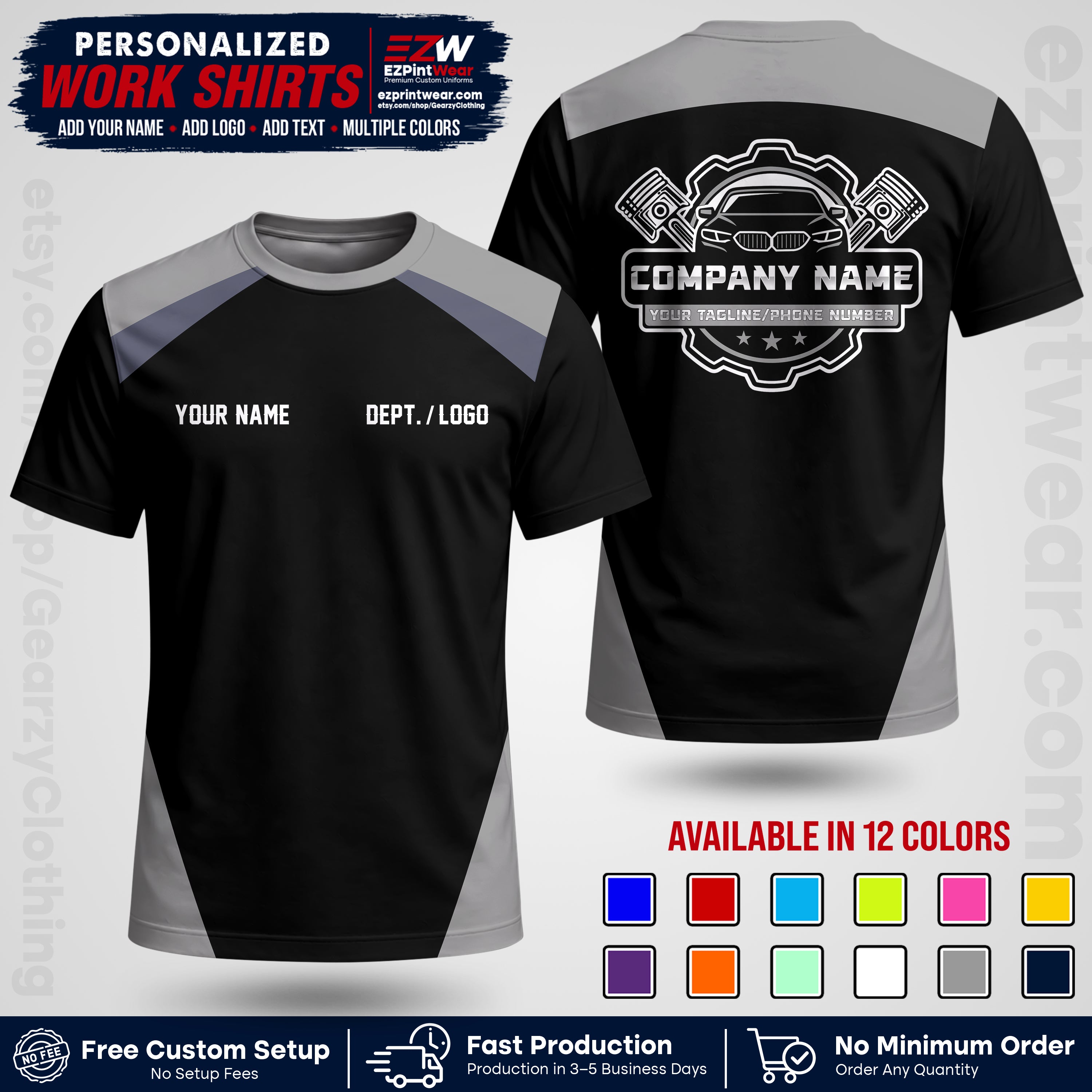 Custom Mechanic Work Shirt with Name, Logo & Text | Auto Shop Uniform | Workwear MCN 03