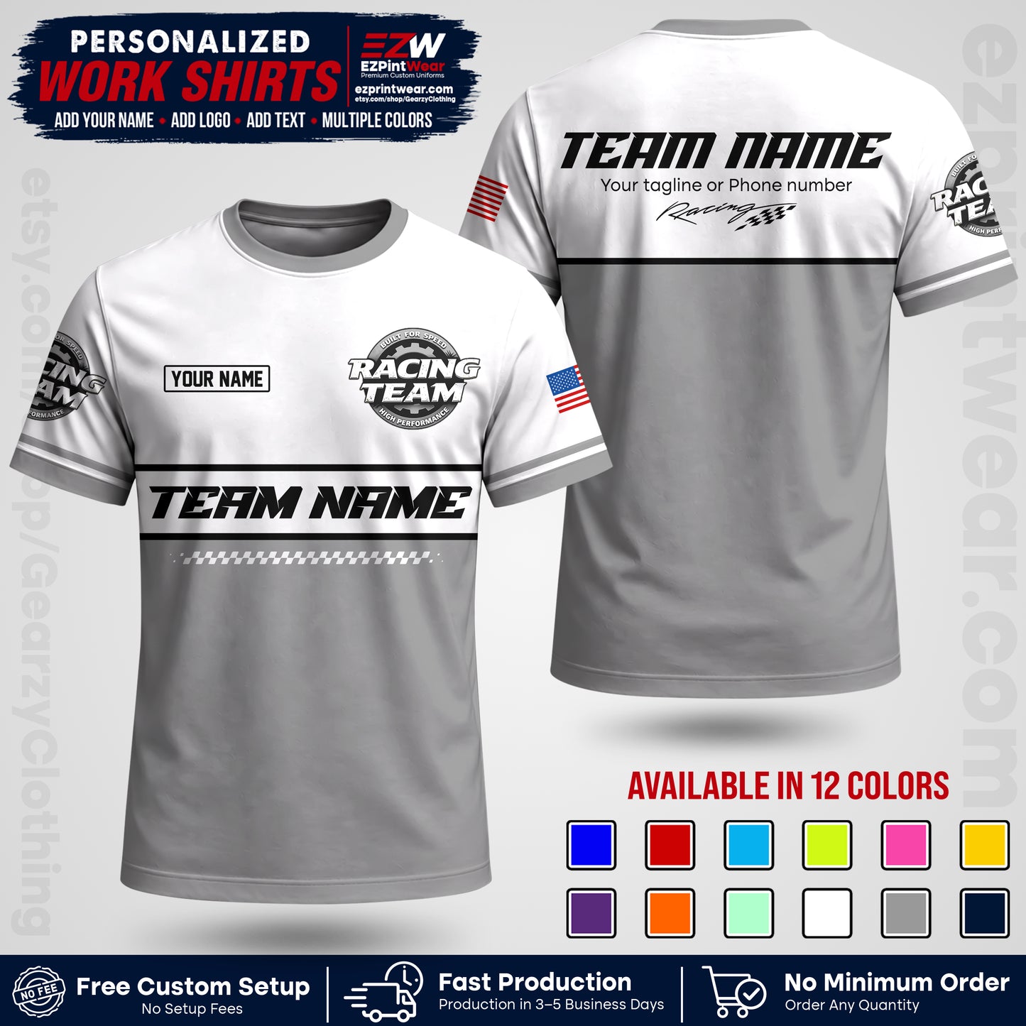 Custom Racing Shirt with Name, Logo & Text | Race Team Uniform | Crew Apparel RC12