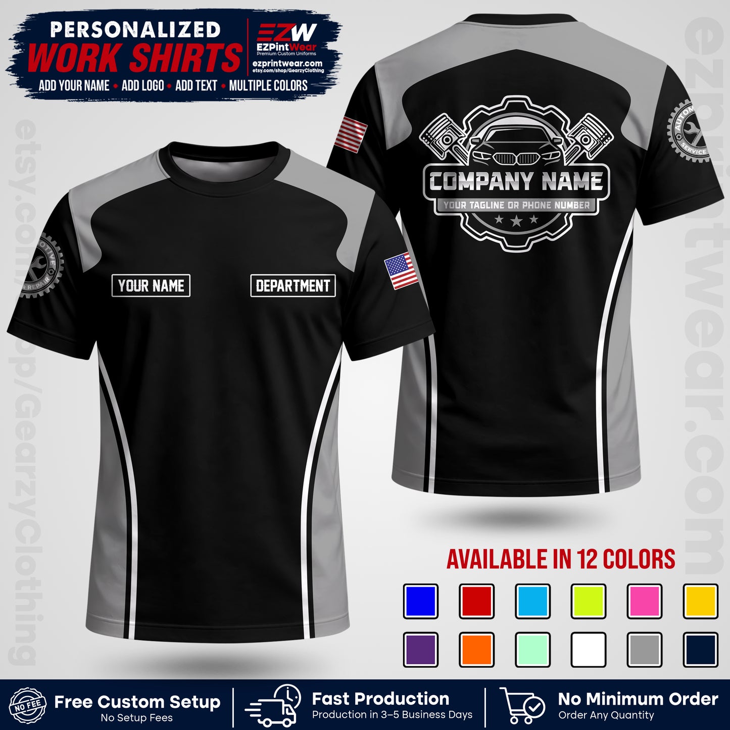 Custom Mechanic Work Shirt with Name, Logo & Text | Auto Shop Uniform | Workwear MCN 10