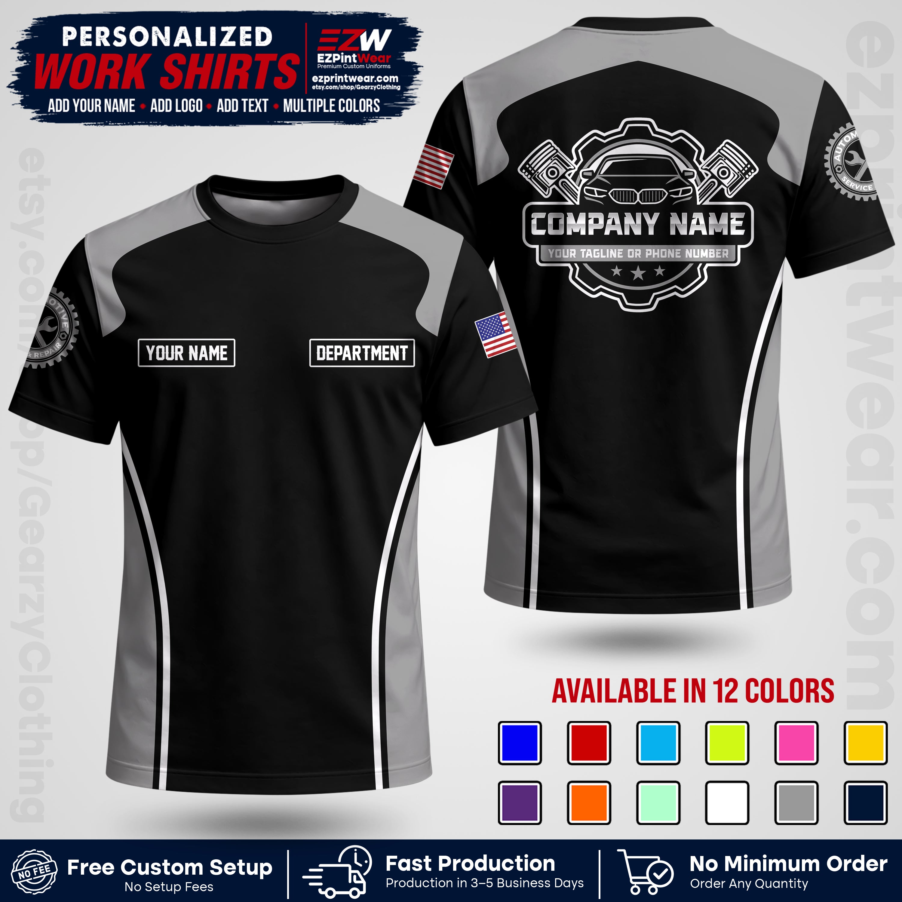 Custom Mechanic Work Shirt with Name, Logo & Text | Auto Shop Uniform | Workwear MCN 10