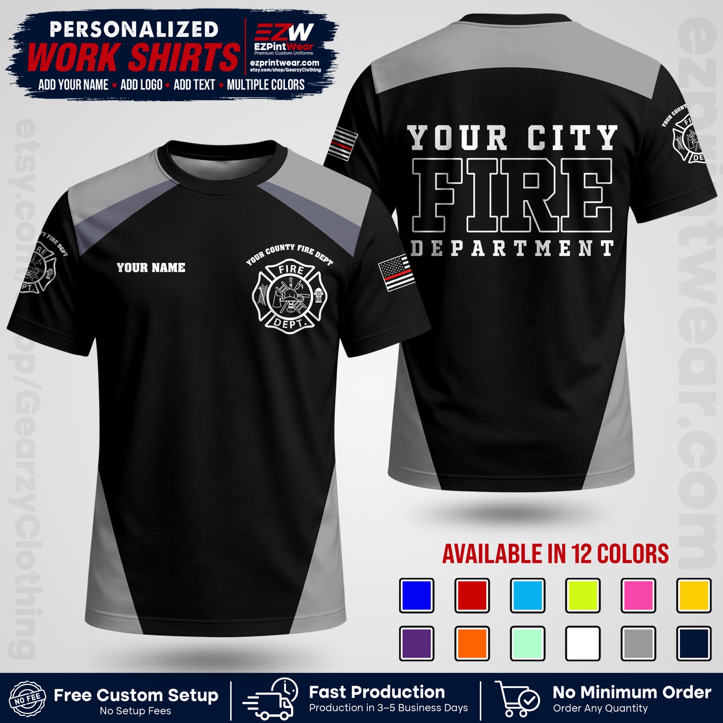 Custom Fire Department Shirt with Name, City Logo & Text | Firefighter Uniform | Button Up Work Shirt FF04