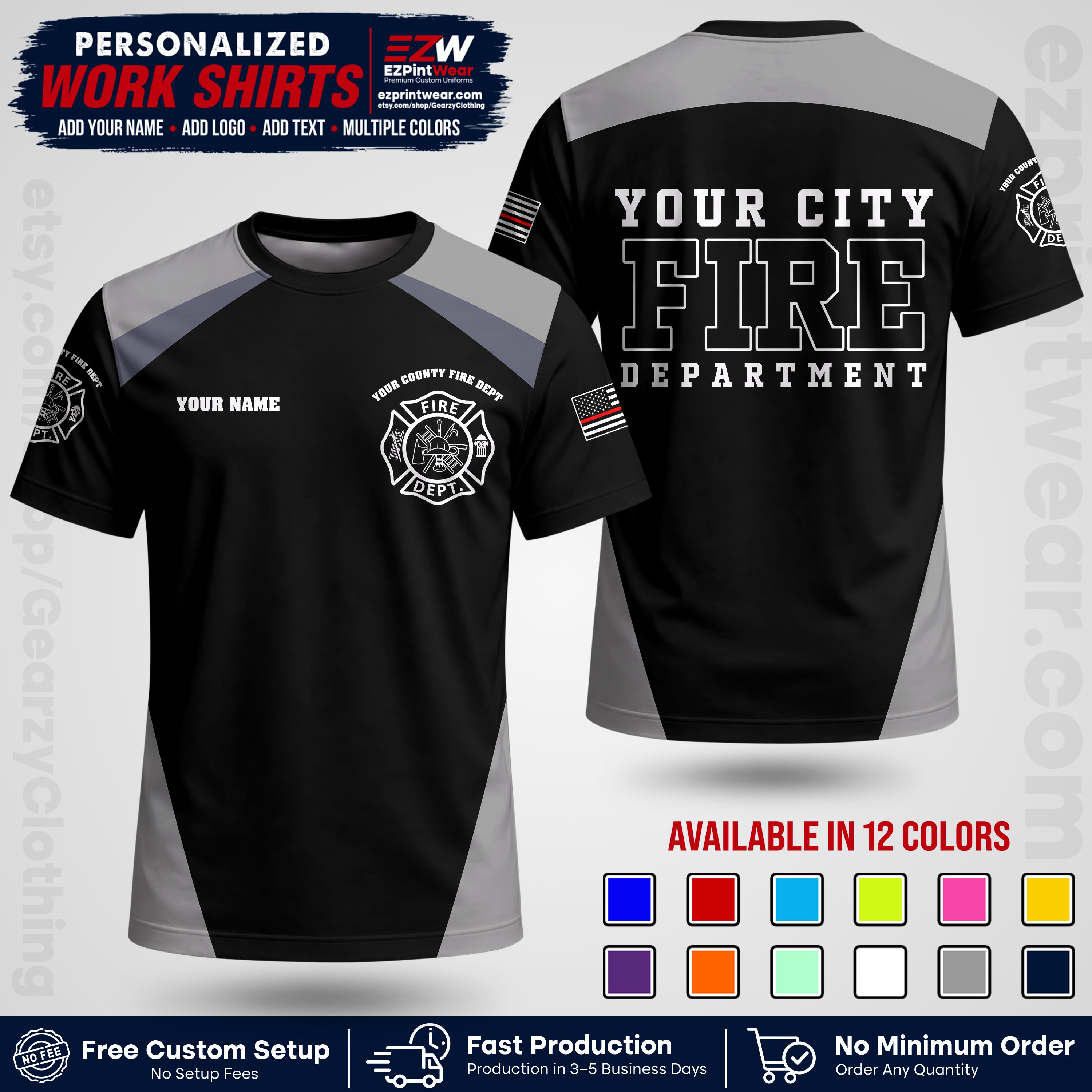 Custom Fire Department Shirt with Name, City Logo & Text | Firefighter Uniform | Button Up Work Shirt FF04