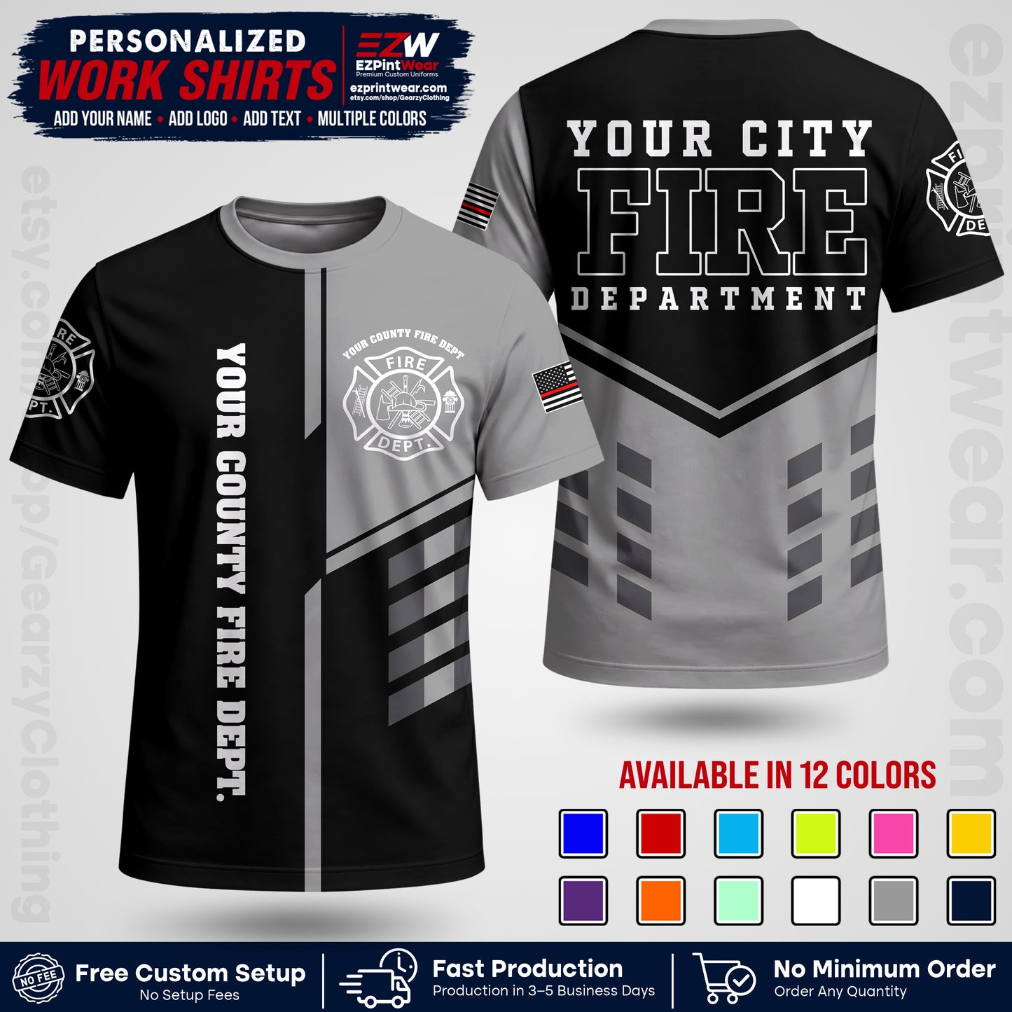 Custom Fire Department Shirt with Name, City Logo & Text | Firefighter Uniform | Button Up Work Shirt FF03
